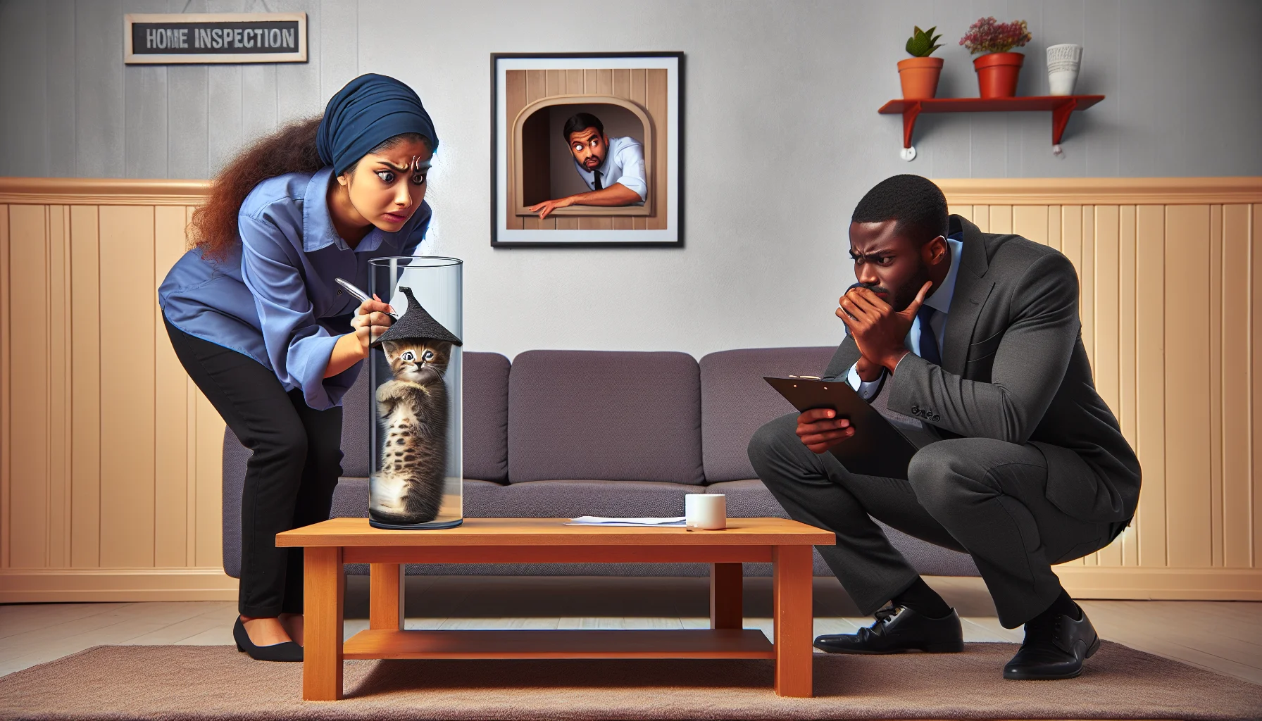 Create an amusing and realistic image of a clever scenario about passing a home inspection. Picture a living room, where the homeowner, a South Asian woman, nervously attempts to hide a playful kitten within a transparent vase on the coffee table. A Black man, the focused home inspector, is scrutinizing a wall, completely oblivious to the kitten's tall hat sticking out of the vase. The room should be filled with multiple secret hiding spots with household objects organized in unlikely manners to add layers of humor.