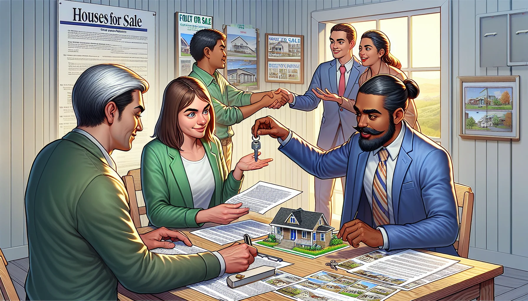 Illustrate an amusing yet believable situation where a Caucasian woman is signing papers for a new home purchase with a South Asian male real estate agent. At the same time, this woman hands over the keys to her current house to an eager Hispanic couple, indicating that they are preparing to rent it. The setting should be an idealized and bustling real estate office, complete with a 'Houses for Sale' board, property brochures, and floor plans strewn around, making it evident that the scenario is in regards to real estate.