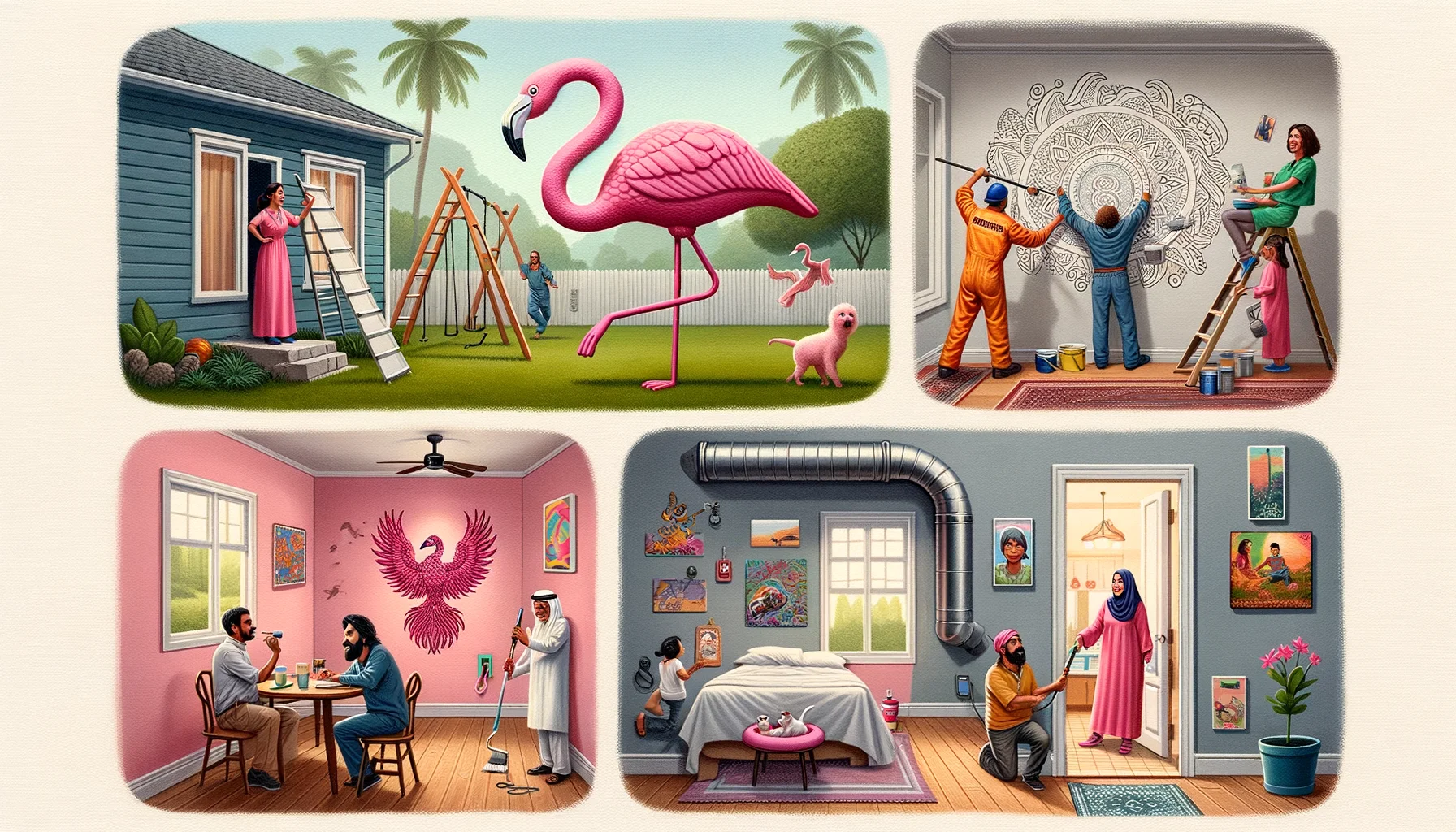 Create a humorous, realistically detailed image set in the theme of 'perfect' home improvements and renovations. Include lighthearted elements such as a pink flamingo lawn ornament appearing to assist a South Asian man paint an exterior wall, an indoor jungle gym in the living room for maximum fun, a Middle-Eastern woman creating an artistic mural on a kitchen wall, and a direct chute from the bedroom to the kitchen for those emergency snack times. Add elements that showcase the height of optimism for home renovations.