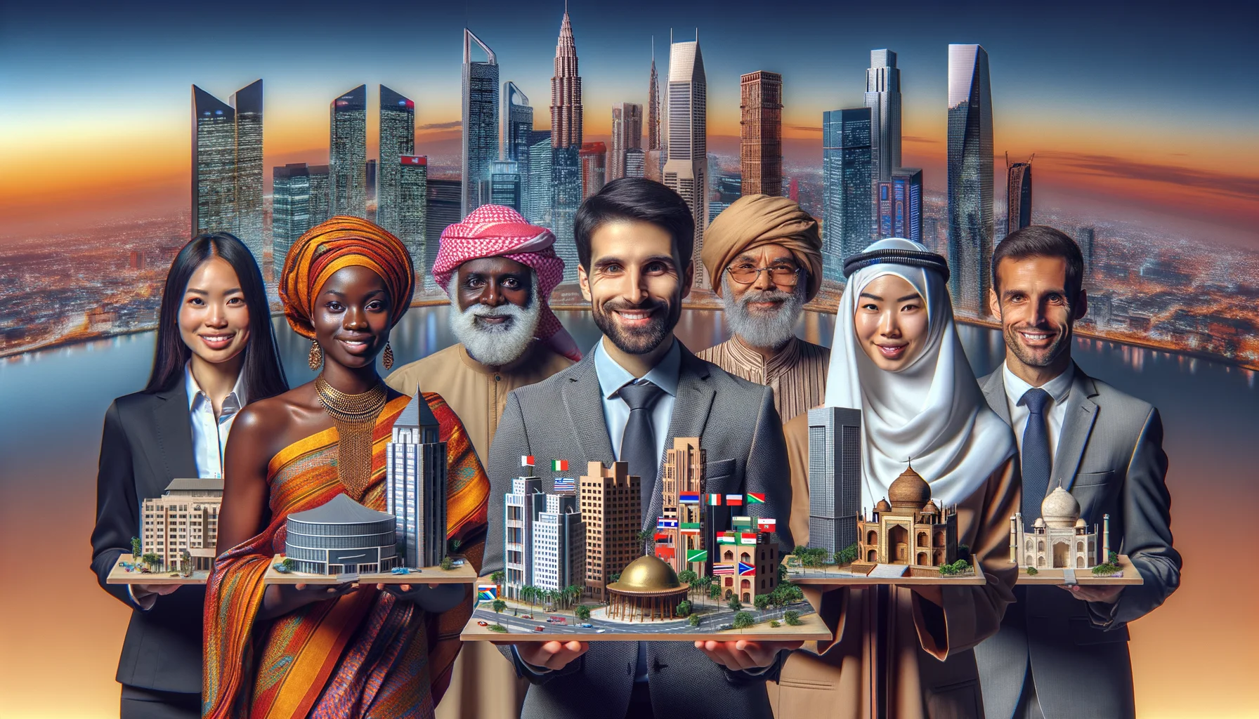 Generate a humorous, realistic image of international sponsorship in the realm of real estate. This scene depicts representatives from diverse global cultures, each holding a scale model of iconic architectural buildings they sponsor. In the mix, there is a confident African female real estate investor presenting a miniature of a skyscraper, a cheerful Middle-Eastern male developer showcasing a model of a luxurious villa, an Asian female tycoon displaying a model of an ancient temple, and a jovial Caucasian male sponsor with a model of a modern condominium. The backdrop visualizes a vibrant international city skyline.