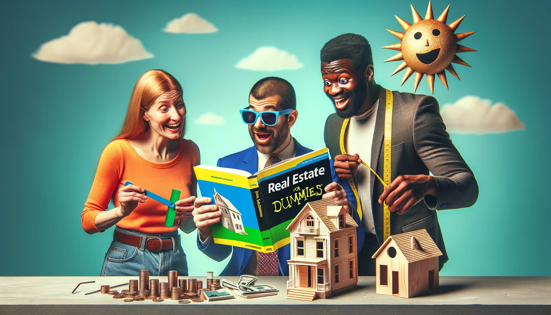 Create a humorous and realistic image representing the scenario of investing in real estate for beginners. Use a light-hearted tone. The scene includes three individuals of varied descent: a Caucasian woman, a Hispanic man, and a Black man. The former two are enthusiastically studying a colorful 'Real Estate for Dummies' book, while the latter is comically attempting to erect a shoddily made mini house. Include amusing details like a ruler inaccurately measuring the house, coins falling out of the man's pocket suggesting their investment, and a very happy sun wearing sunglasses in the clear sky.