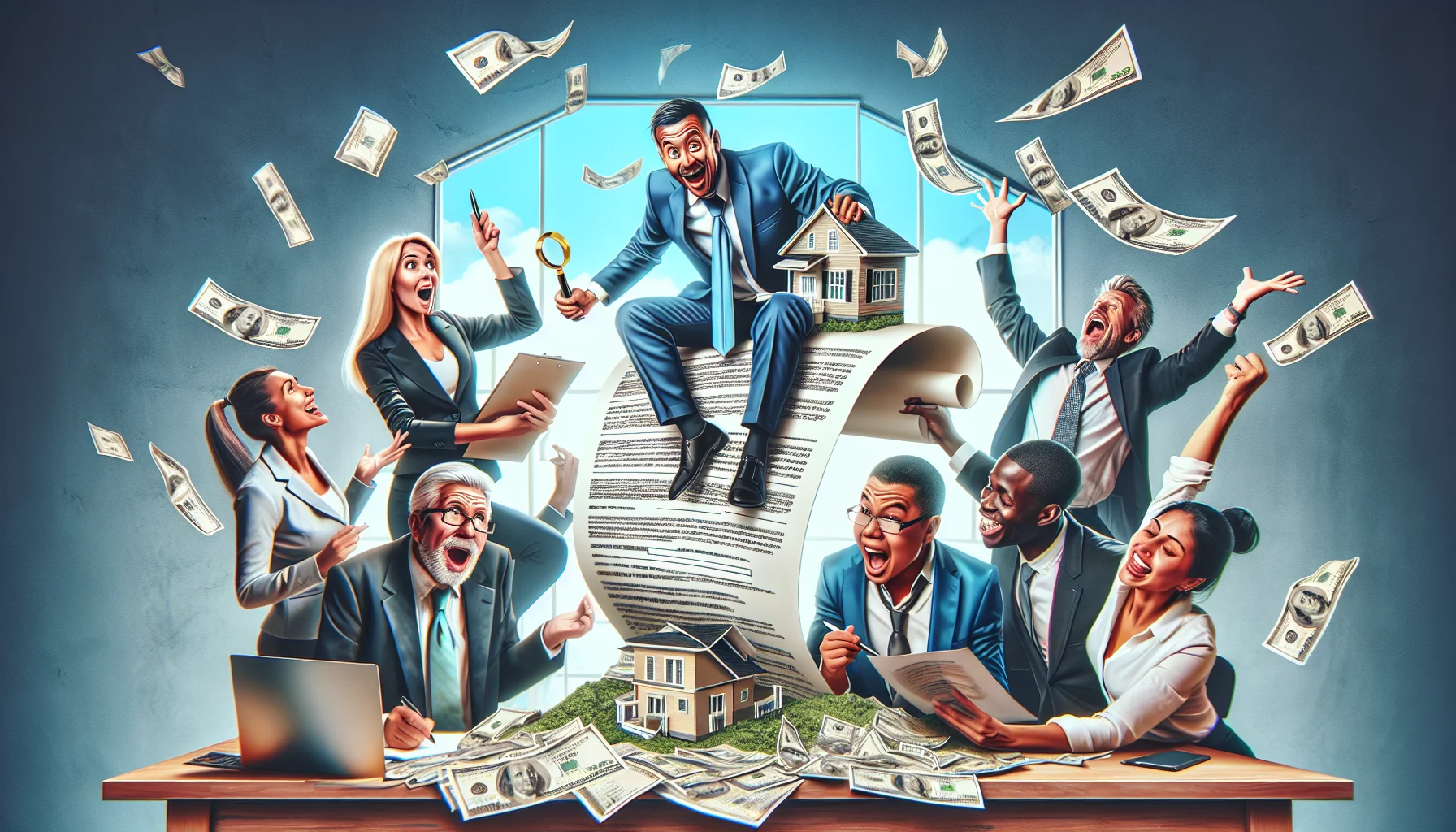 Create an amusing, realistic image showcasing the process of investing in real estate notes. Imagine a scenario where a diverse group of individuals are present: a Caucasian female real estate agent with a large pile of property papers, an ecstatic middle-aged Hispanic man holding a pen ready to sign, a confused young South Asian woman examining the papers with a magnifying glass, and a cheering Black man literally tossing money into the air. Add to the humor by incorporating a large, graphically depicted note, a house miniature sliding down it, reflecting the ups and downs of real estate investing. They are all present in a bright, anticipating environment signifying an investing office setting.