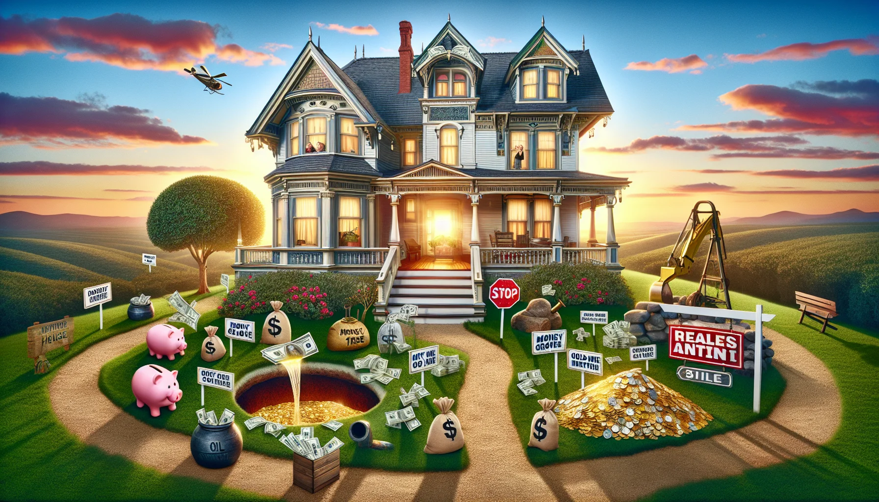 Imagine the ideal, humorous image of an investment house scenario in the realm of real estate. Picture a pristinely maintained, three-story Victorian-style house, set on a hill with the sun setting behind it. The yard is dotted with signs highlighting laughingly improbable features: a money tree grove, a gold mine entrance, and an oil well. Humorous elements are scattered around: a piggy bank buried like treasure, dollar bills growing on bushes and real estate agents with overjoyed expressions, counting stacks of money. It's a hilarious exaggeration of a perfect real estate investment scenario.