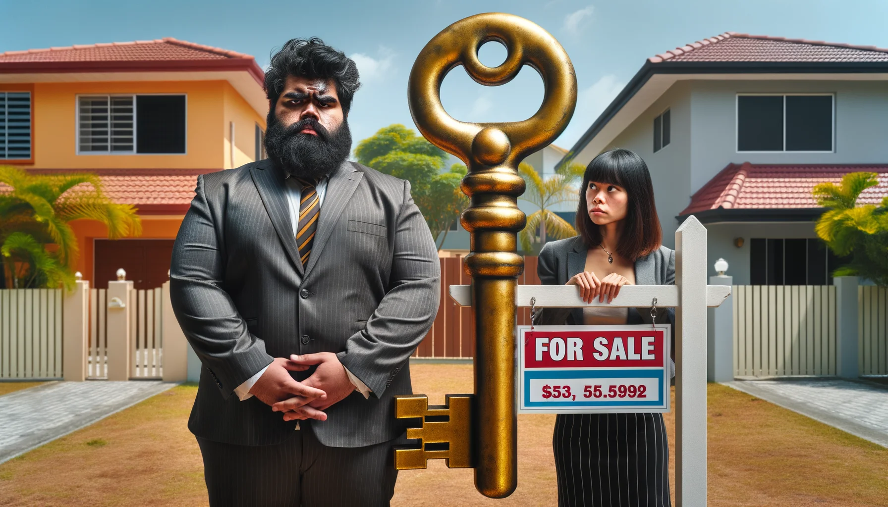 Generate an amusing scene that features a South Asian female investment real estate broker and a Hispanic male client. The broker, dressed in professional attire, is seen carrying an enormous golden key, symbolizing the keys to a houses she's selling. The client, a typically serious character, wears a bewildered expression due to the exaggerated size of the key. They are standing in front of a 'For Sale' sign, which is amusingly leaning towards the ground due to the weight of giant key hanging on it. The backdrop is a colourful suburban neighbourhood in the midday sunlight.