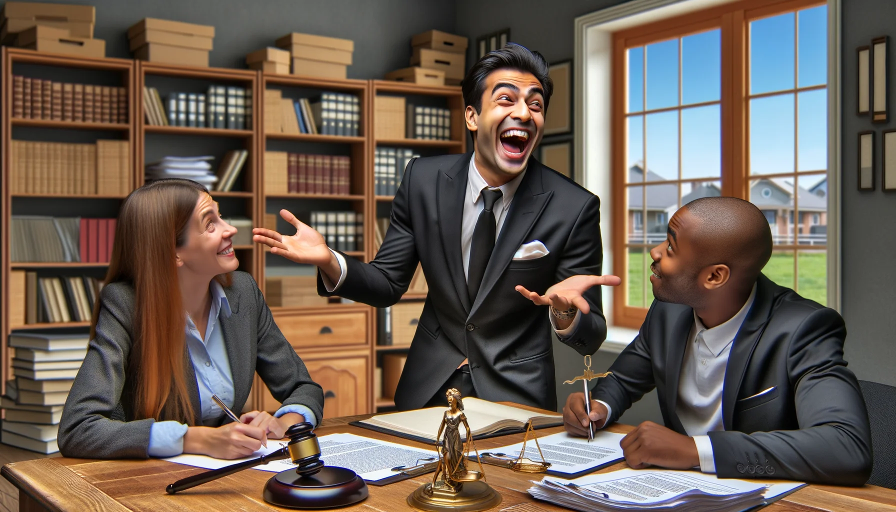 Generate a humorous, realistic image that enlightens home buyers about the legal nuances involved in property purchase in an ideal situation. Illustrate a jubilant South Asian male lawyer in formal suit elucidating legal intricacies to an interested audience - a Caucasian female home buyer listening attentively and a Black male first-time homeowner jotting down important points. Add visual cues hinting legal documents, property papers and legal codes subtly in the scene, and make sure the ambiance is lighthearted, with a touch of comedy symbolizing perfect, worry-free home buying scenario.