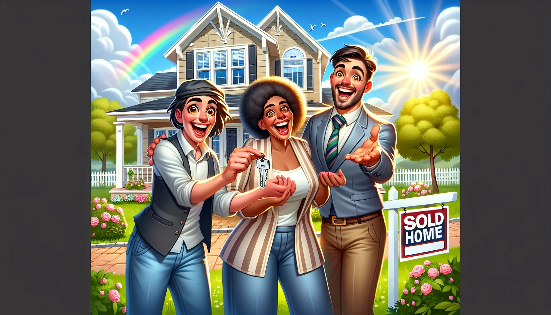 Imagine a charming scene of local home buyers experiencing the ideal real estate scenario. In this jovial landscape, a diverse trio is present: a Middle-Eastern woman, a Black man, and a South Asian man. They are wide-eyed and exuberant, standing outside a remarkably beautiful suburban home with a sold sign in the front yard. Their real estate agent, a jubilant Caucasian woman, is handing them the keys. The scene is filled with sunshine, a rainbow in the clear sky, and a white picket fence adorned with blooming roses. The expressions of pure joy on their faces capture the perfect moment of home buying.