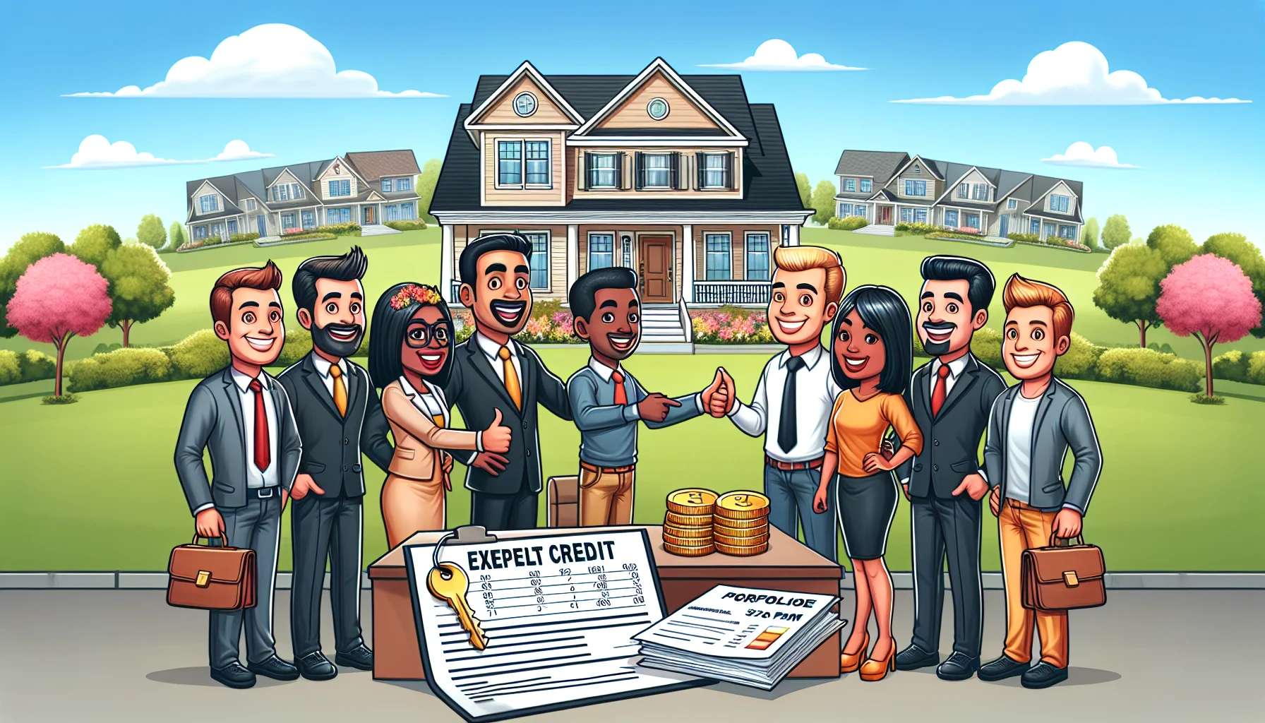 Illustrate a humorous, real-life scene showing a team of diverse mortgage lenders, each with broad smiles and perfect portfolios. Include a Caucasian female lender highlighting to a Black male low-credit customer a large, attractive house with golden keys on the table. Display a South Asian female lender showing a couple—Middle-Eastern male and Hispanic female—their excellent credit score report. Include a White male lender gladly shaking hands with an East Asian male client. Make the lenders and clients appear very pleased about the deals. The background scenery should hold various attractive real estate properties under a clear sky.