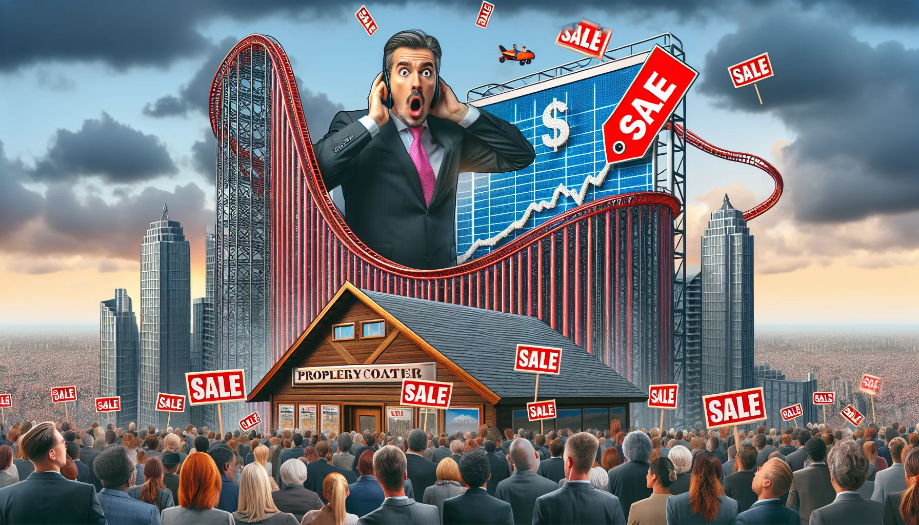 Create a comical, realistic scene indicating a hypothetical market crash in 2024 focusing on the real estate sector. The image should include a roller coaster in a property fair, symbolizing the volatile property market. It should also feature a giant sale tag draped over a skyscraper, emphasizing the falling prices, and a real estate broker, a Caucasian male in his late 40s, looking shocked while staring at plummeting housing price data on a giant screen amidst a crowd of diverse genders and descents expressing varying degrees of surprise or dismay.