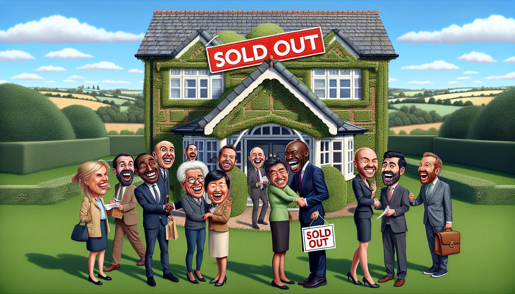 Create a humorous and realistic image of an idyllic real-estate situation. The scene should include a picturesque market house surrounded by lush green lawns and manicured gardens. A 'Sold Out' sign is prominently displayed, hinting at the brisk business being conducted. Buyers and sellers are depicted, laughing and shaking hands, with diverse descents: Caucasian, Hispanic, Black, Middle-Eastern, South Asian. The backdrop is a clear blue sky, suggesting a prosperous and vibrant housing market.