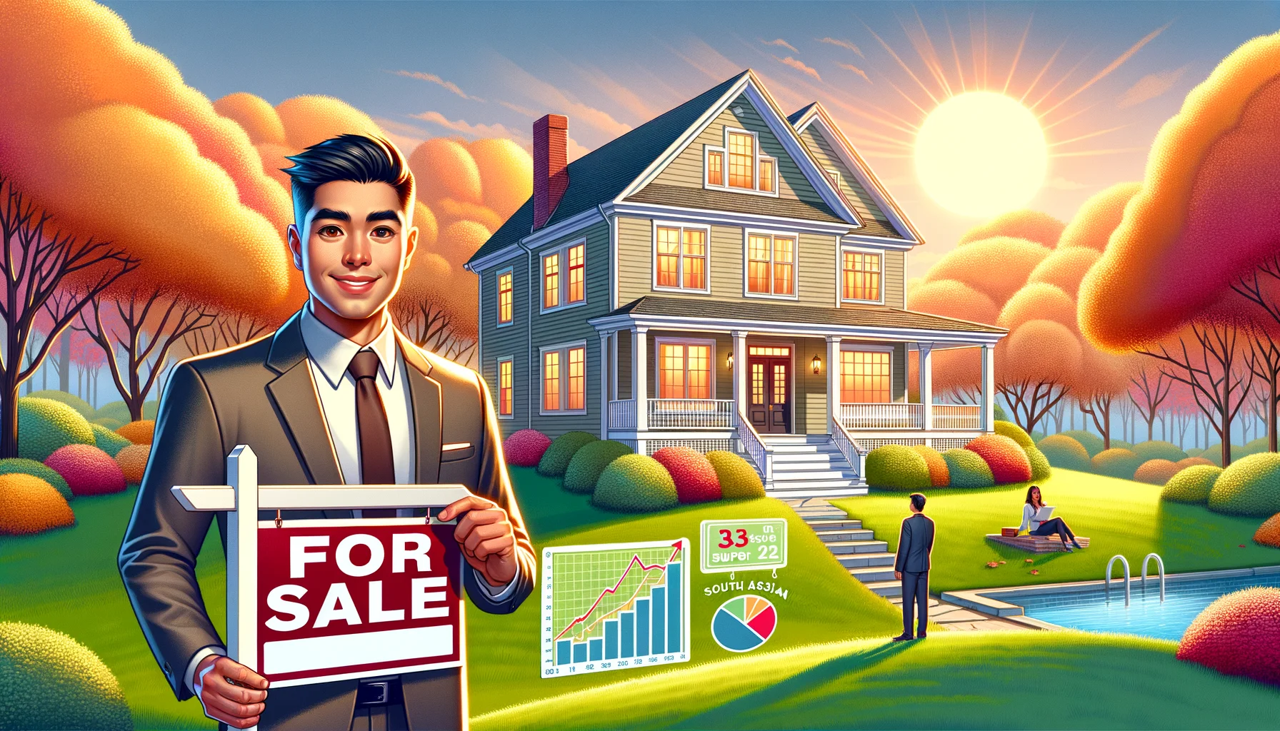 Generate an image showcasing the ideal scenario of Massachusetts real estate. Picture a sunlit traditional New England style house, with hues of white and taupe, surrounded by beautiful autumn trees. In the foreground, a 'For Sale' sign playfully tips in a mound of lush green grass. On one side, a smiling male Hispanic real estate agent in a smart business suit showcases the property. On the other side, a South Asian female potential buyer, looking impressed and excited. Include infographics around the image highlighting positive real estate trends in the region for a touch of humor.