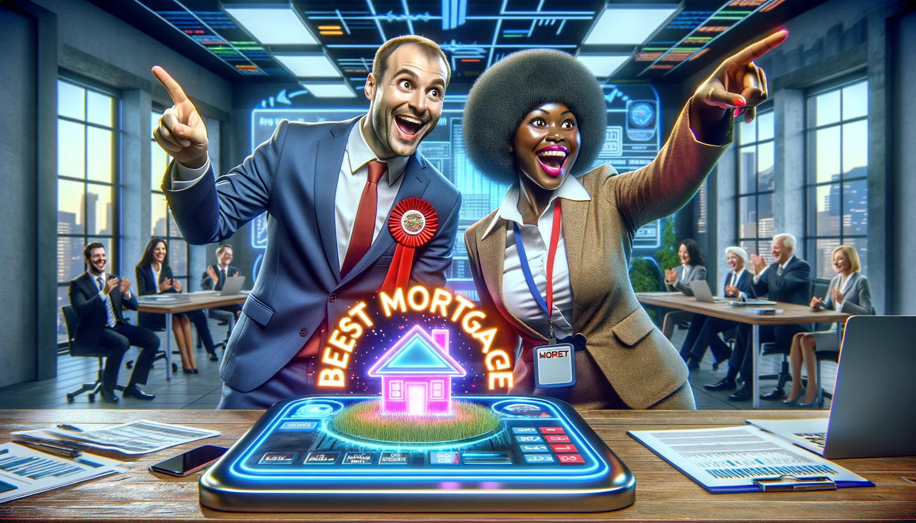 Create a humorous and realistic image where a Caucasian man dressed as an accountant and a Black woman with a badge indicating her as a financial advisor are enthusiastically using futuristic financial tools. They are in a modern office environment filled with state-of-the-art technology. In the center is a large glowing mortgage calculator projecting the best possible mortgage scenarios. Colors are vibrant and the mood is jubilant, signifying the perfectness of the scenario.