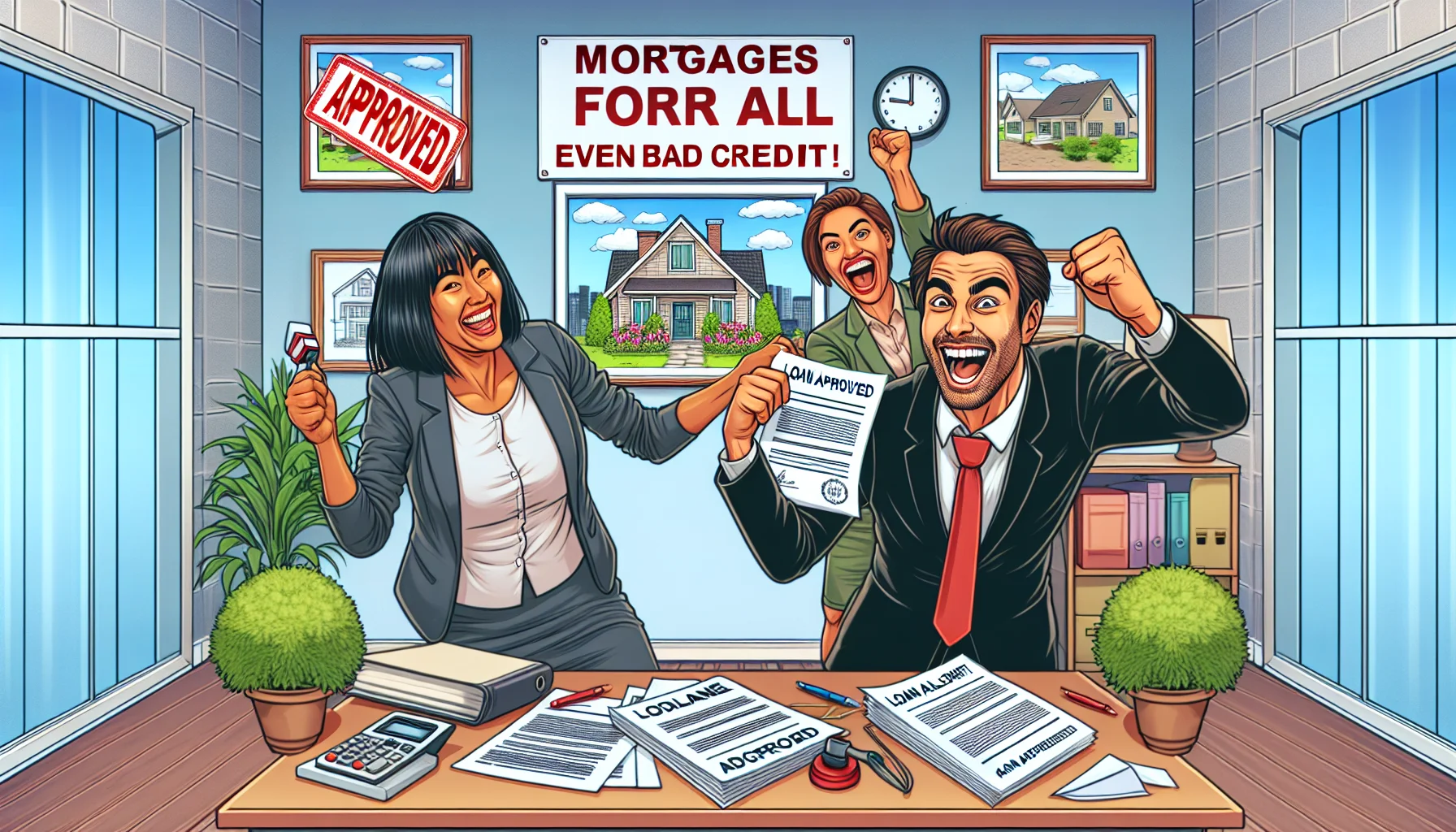 A humorous scene in a cheerful real estate office where the employees are joyous after approving a loan for a customer with bad credit. The office is decorated with plants, diagrams of houses, photos of properties, and a billboard saying 'Mortgages for all, even bad credit!'. In the center, a jubilant male employee from the Caucasian descent is holding a 'Loan Approved' stamp and a satisfied female customer of South Asian descent is holding a contractual document towards the viewer. Their happy expressions indicate that they have just closed a perfect deal.