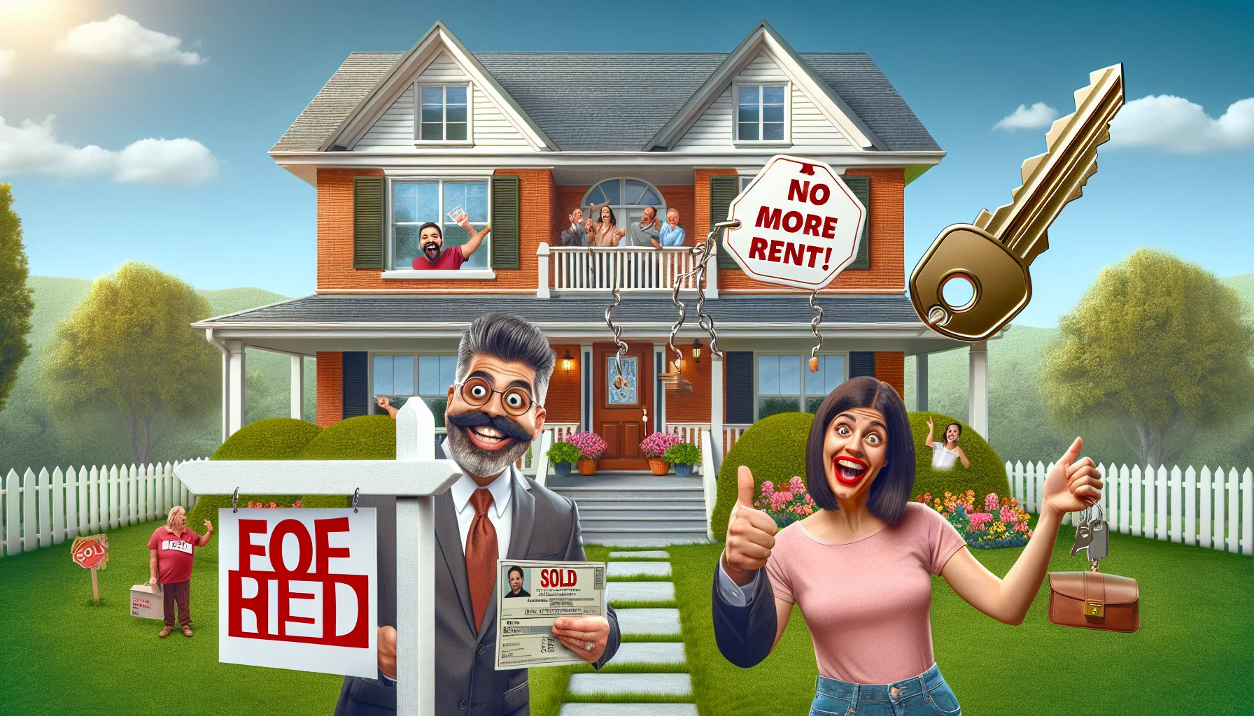 Imagine a humoristic and realistic scenario showing the perfect real estate condition for a house mortgage. The house is an idyllic two-story detached suburban home with a charming red brick exterior, a white picket fence, and blooming flower beds. On the lawn, a sold sign appears, indicating success. A jovial male real estate agent of South Asian descent holds a shiny key in the air, and a joyous Hispanic female homebuyer looks elated, having secured her ideal home. An oversized tag hanging from the key humorously reads 'No More Rent!' to lighten the mood. The backdrop is a clear sunny day.