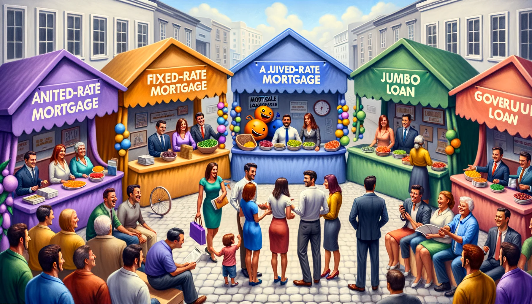 Imagine a humorous, lifelike scene representing different mortgage loan types. The setting is a bustling financial marketplace, where each loan type is personified as a friendly advisor at a colorful stall. A fixed-rate mortgage as a calm, reliable advisor in blue; an adjustable-rate mortgage as a vibrant, flexible advisor in orange; a jumbo loan personified as a tall, elegant advisor in a purple attire, and a government-insured loan embodied by a green, protective advisor. Shoppers, diverse in age, ethnicity, and gender, engage with the advisors, their faces depicting intrigue, contentment, and amusement. The perfect scenario where everyone is happy understanding their mortgage options.
