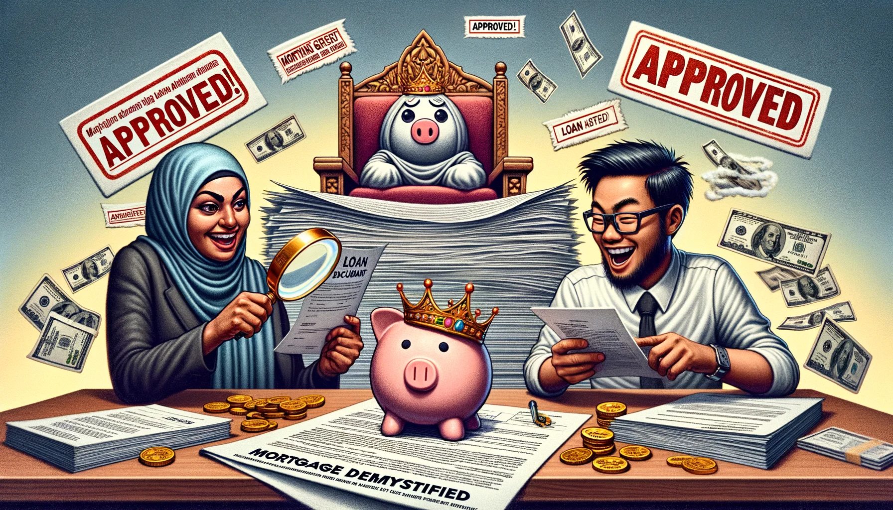 Generate a humorous, realistic image that captures the essence of mortgages and loans. Let's see a Middle-Eastern woman sitting at a desk reviewing a huge loan document with a magnifying glass. Next to her, an East-Asian man is laughing while holding a tiny document titled 'Mortgage Demystified'. The background is filled with stacks of documents marked with flashy 'Approved!' and 'Loan granted!' stamps. To add a touch of absurdity, let's have a piggy bank wearing a crown and sash labelled 'Savings' seated on a throne made of golden coins, overlooking the scene.