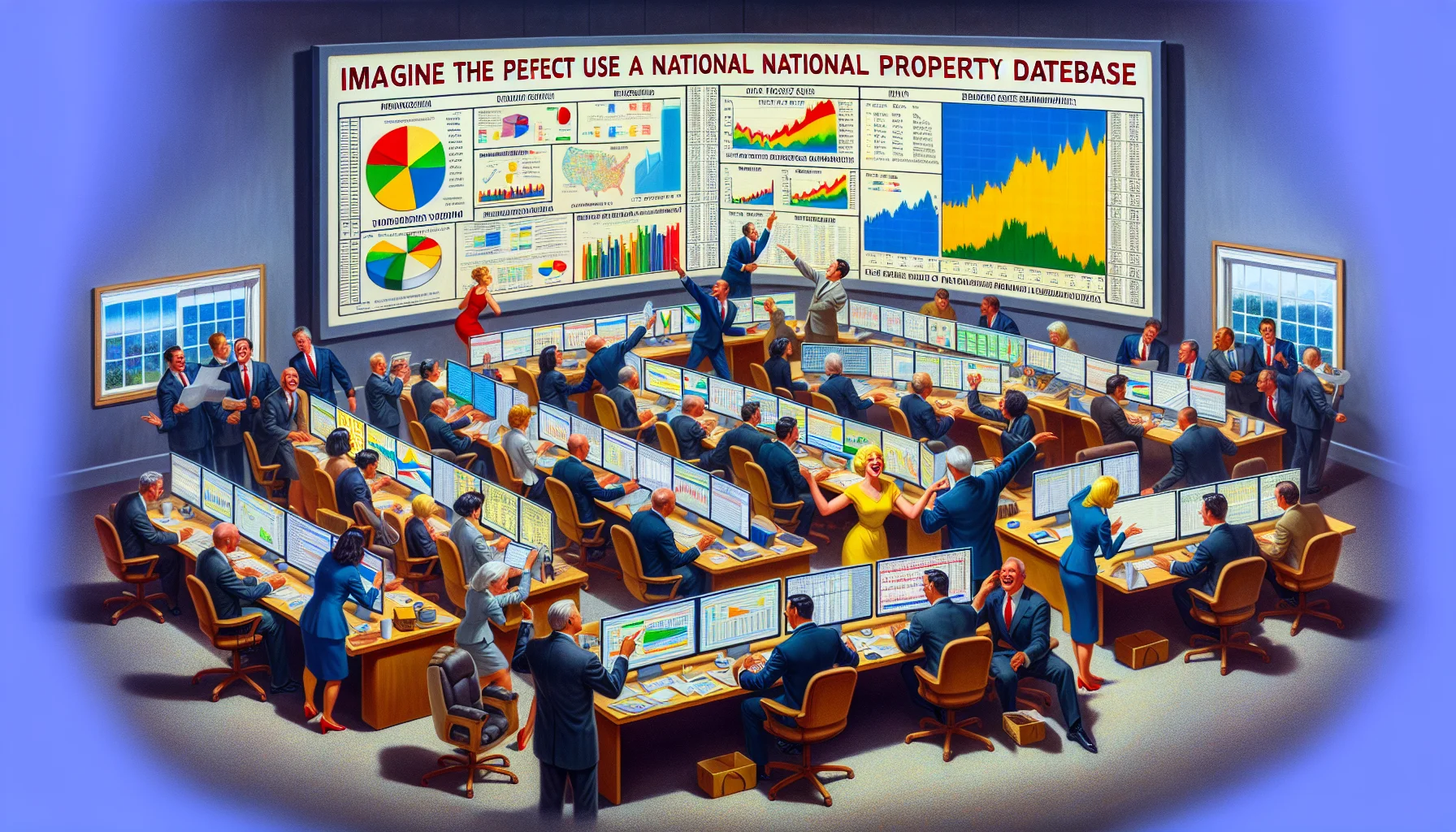 Imagine a satirical, yet realistic scenario emphasizing the perfect use of a national property database in real estate. Display a bustling office, with busy professionals from various descents like Caucasian, Hispanic, and Middle-Eastern, both men and women. They're examining large screens filled with colorful charts, maps, and figures while holding meetings and discussions. Some point enthusiastically at a graph showing a perfect correlation, symbolizing ideal property valuation. Others are laughing while sifting through an impeccably organized database, a nod to perfect data management. Everything in the office seems efficient and in harmony, a utopian view of real-estate affairs.