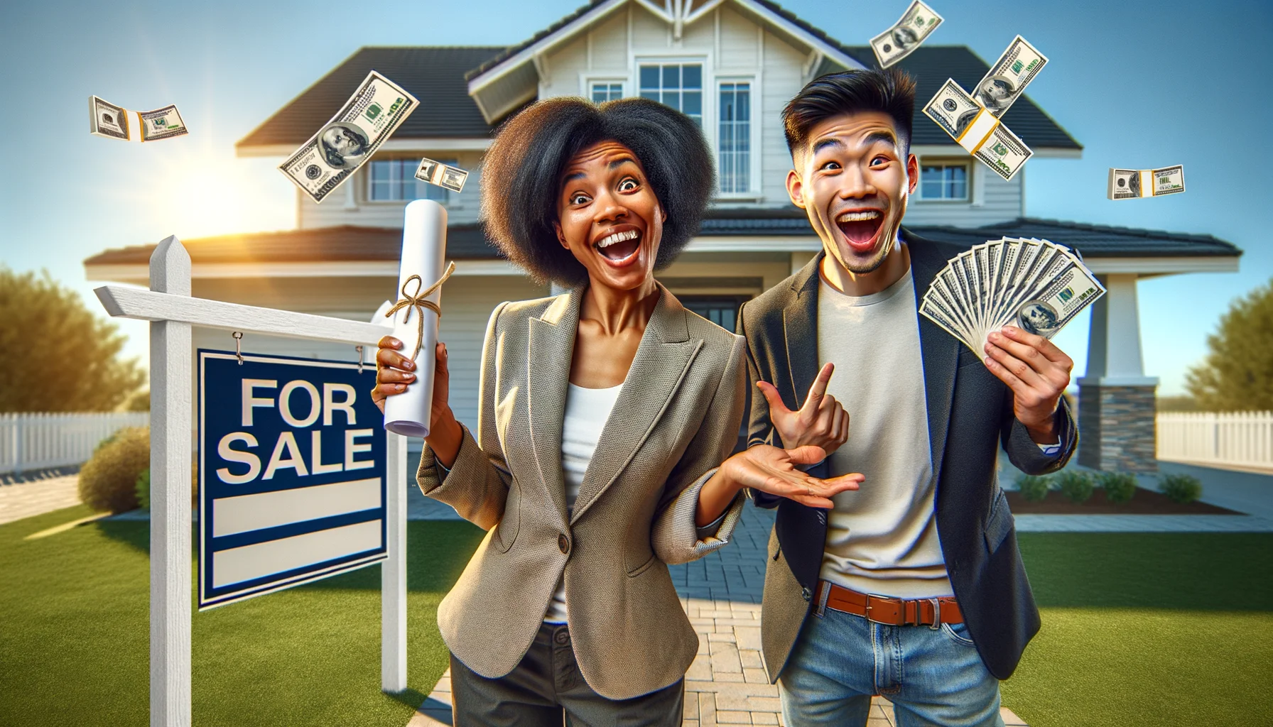 Picture a humorous and highly idealistic scenario of negotiating home prices. In the center, there's an African-descent woman cheerful and confident, holding a rolled-up house blueprint, wearing a typical real estate agent blazer. Facing her is a thrilled South-Asian man showing a wad of cash with a triumphant smile, wearing casual but neat attire. The backdrop is an immaculate white modern home with a 'For Sale' sign which has prices changing to lower numbers like a stock market ticker. Everything is radiating sunshine, expressing perfect negotiation conditions.