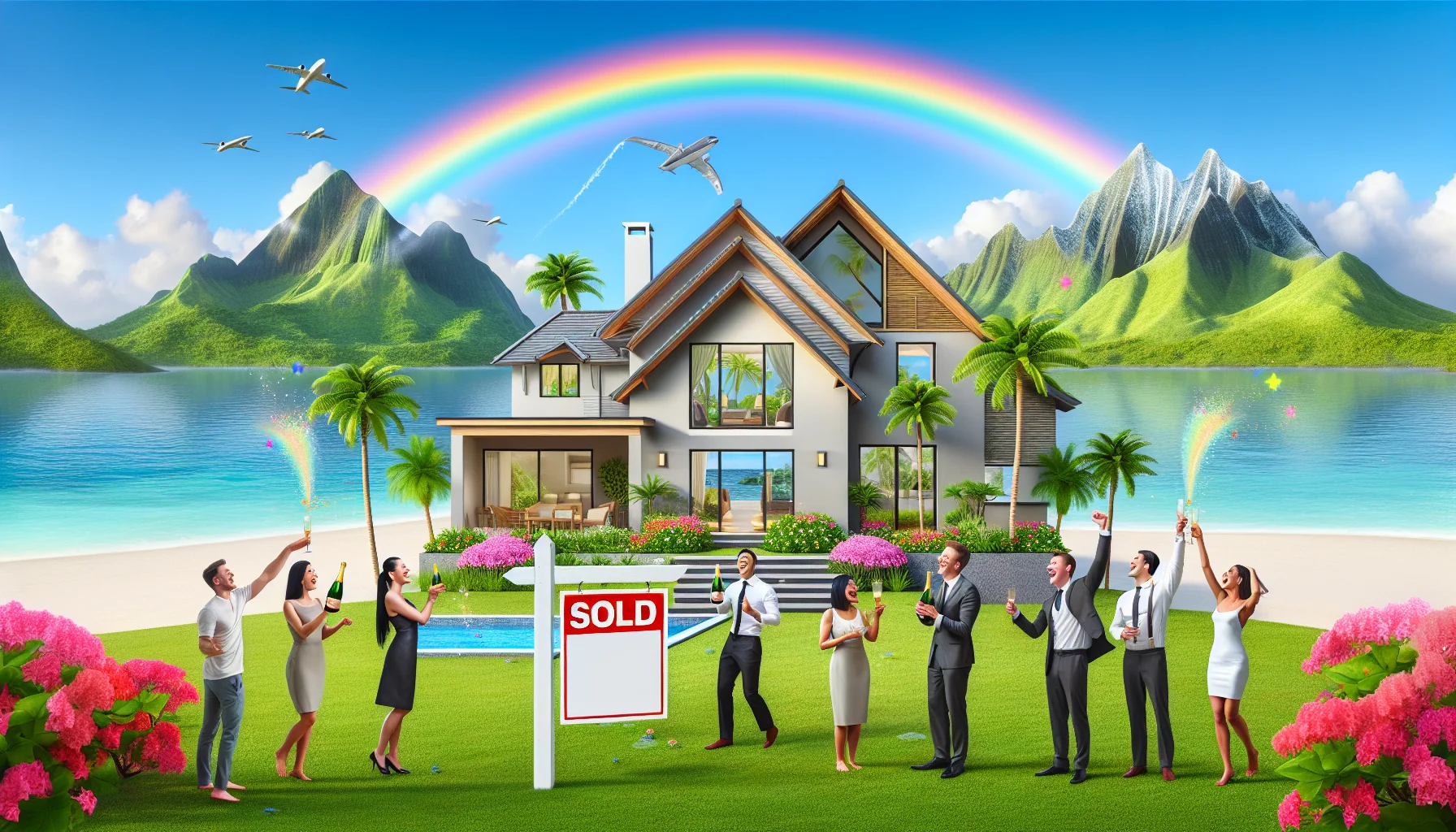 Depict a joyously surreal image of perfect property ownership. Imagine a beautifully crafted modern home with elegant gardens, pristine and bright, nestled between a tropical beach and picturesque, snow-capped mountains. A sold sign-post planted in the lush green front lawn with the word 'Congratulations' emblazoned on it. A group of people, including a Caucasian woman and an Asian man who could be the proud new owners, rejoicing around the sign, popping a bottle of champagne. In this reality, there is no property tax notice, happy neighbors waving from next door, and a rainbow arches overhead concluding this picturesque scene.