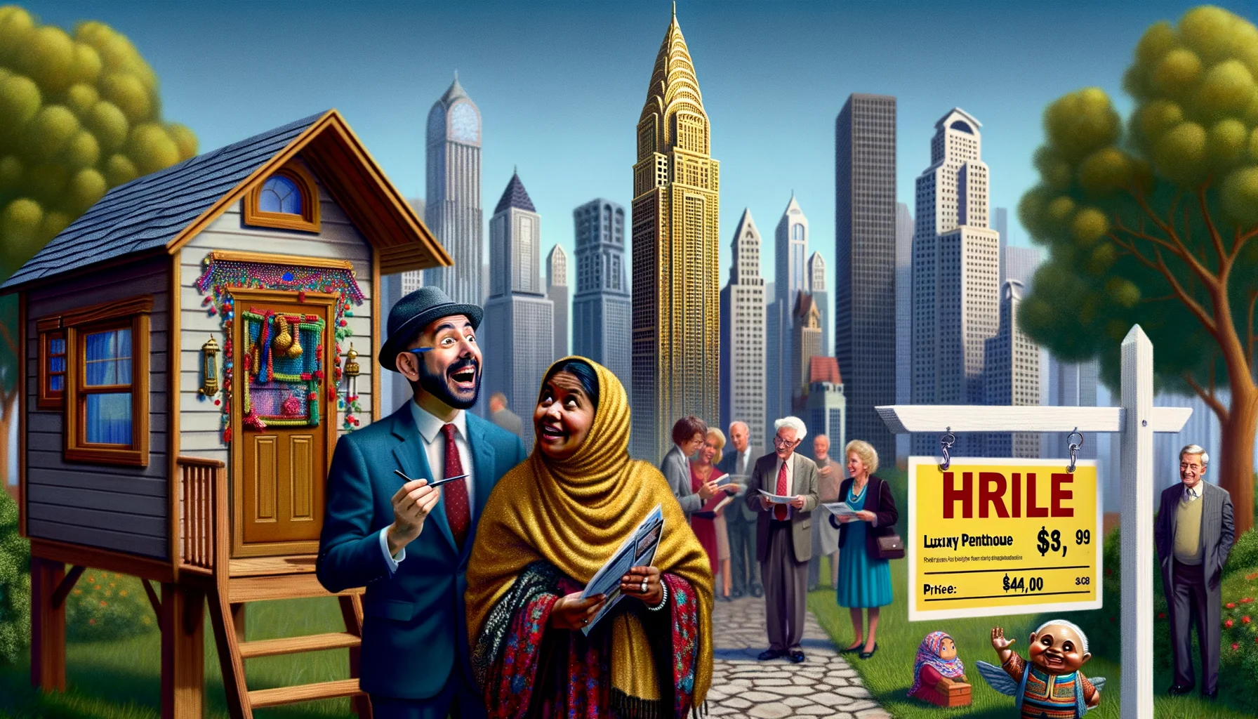 Generate a humorously exaggerated scene set at a bustling real estate open house. In the background, there's a skyscraper with a ridiculously high price tag hanging from it. A lady from a middle-eastern descent appearing rather shocked by the skyrocketing price is holding the tag. In the foreground, an over-enthusiastic real estate agent of Hispanic descent is cheerfully promoting a tiny shack labelled as 'luxury penthouse' to a bemused South Asian gentleman. For added humor, include subtle signs of ridiculous real estate trends – perhaps a garden gnome priced as 'premium outdoor art', or a birdhouse labelled as 'cozy studio apartment'.