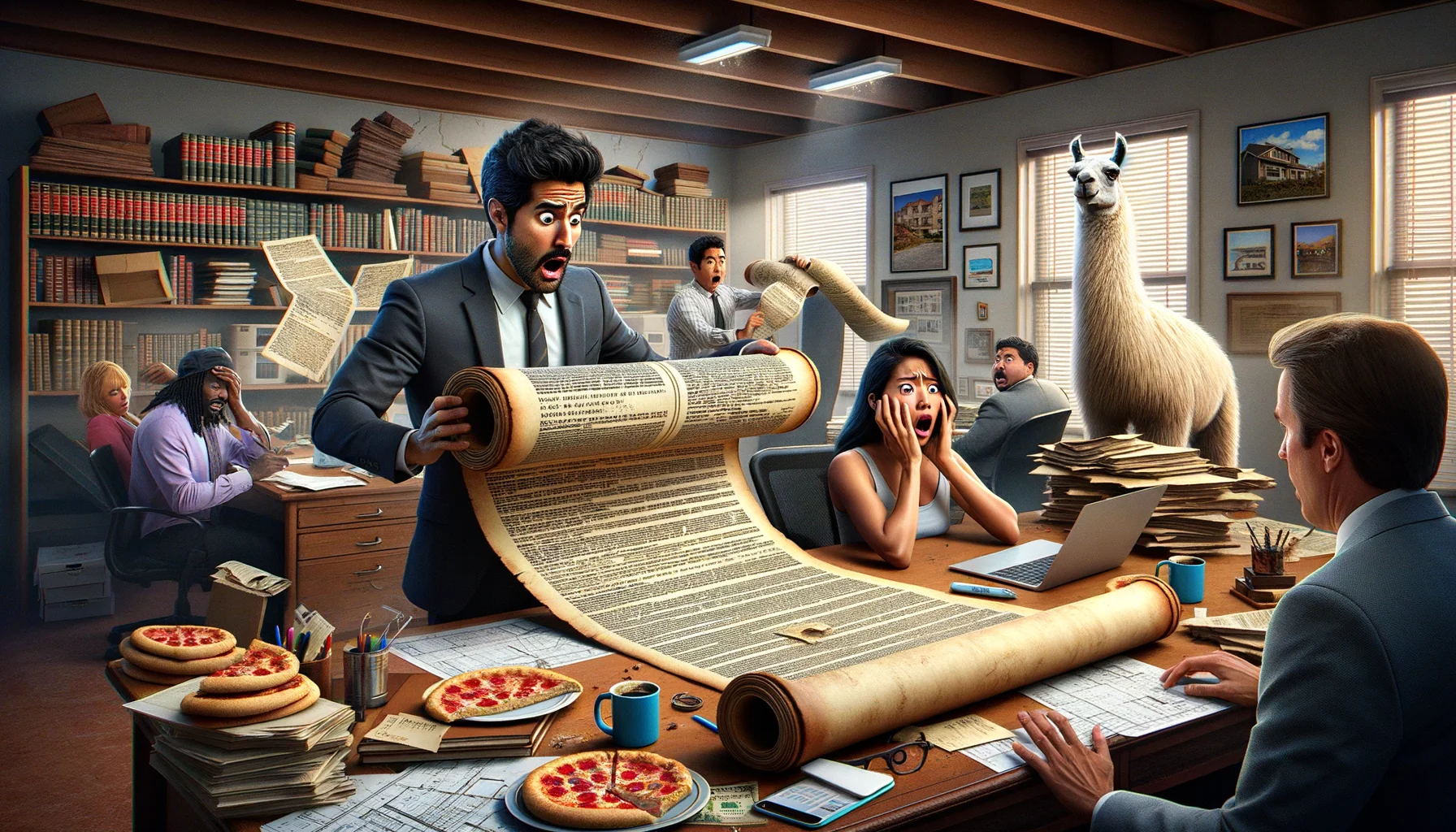 An image depicting a humorous, realistic scenario during a property research. The scene is set in a bustling real estate office. A male Hispanic real estate agent has an incredulous look on his face as he unravels a massive, ancient-looking 'scroll of property deeds'. Beside him, a Black female intern maintains a look of surprise, clutching her coffee so tightly that it spills onto her desk. In the background, a South Asian male colleague is trying his best not to burst into laughter while reviewing home listings that have pictures of llamas photobombing each image. The room is filled with half-eaten pizza boxes, crumbled blueprints, and overfilled bookshelves with property law books.
