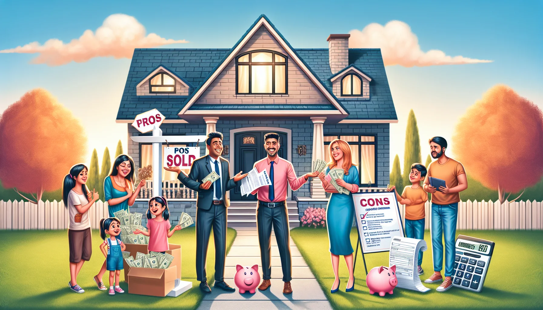 Create a humorous and realistic image that represents the pros and cons of purchasing a house in an ideal real-estate scenario. The 'pros' side of the image could show a South Asian family joyfully standing in front of a beautiful new home with a 'Sold' sign, possibly with the parents handing the keys to each other while small children play in the yard. The 'cons' side may represent a Caucasian man and a Hispanic woman (possibly as home-buyers) perplexed with a stack of paperwork, a calculator showing high numbers, and a piggy bank reflecting monetary investment. Remember to set the scenes in a sunny, charming neighborhood for an ideal real estate scenario.