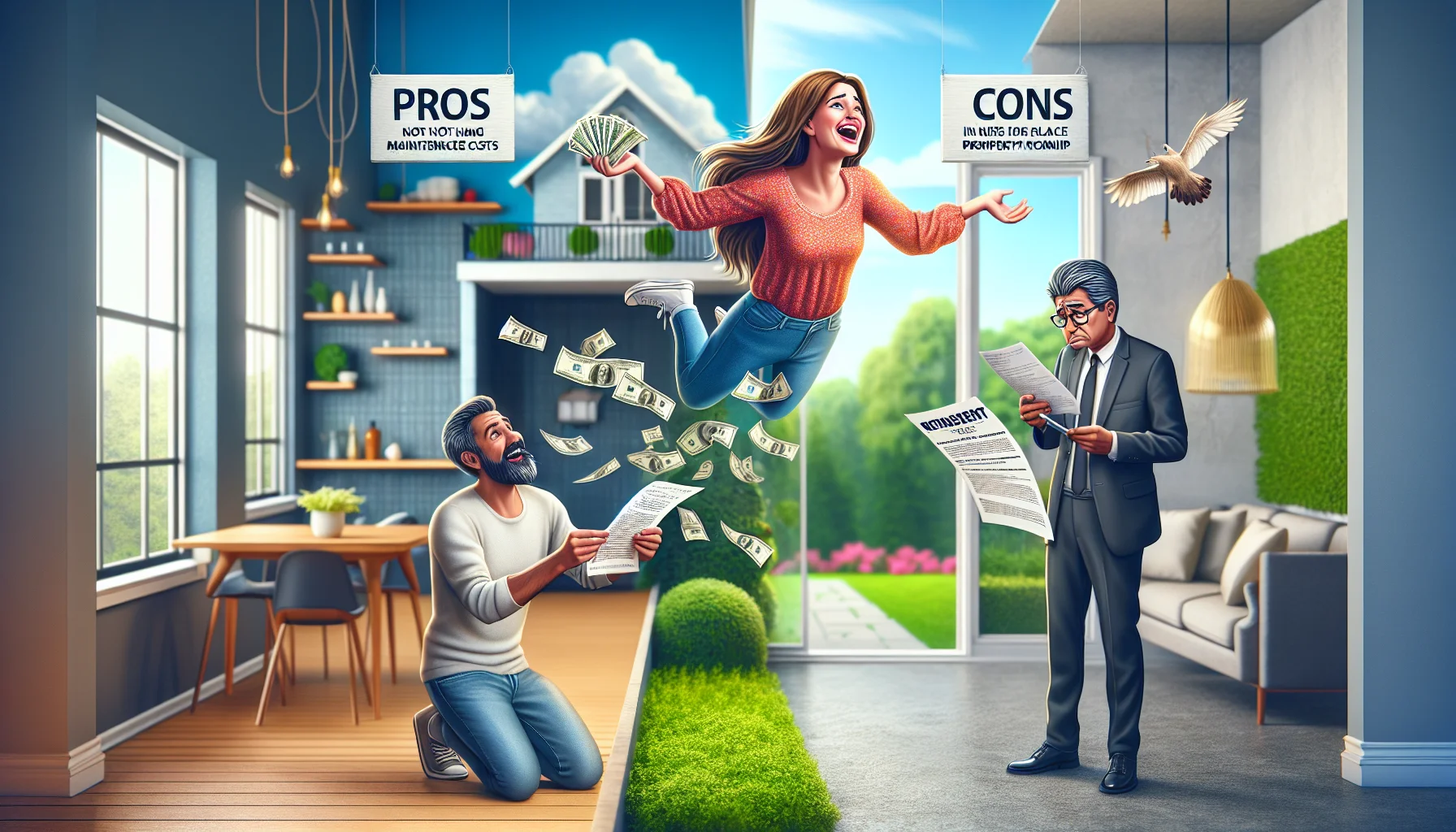 An amusing scene showcasing the advantages and disadvantages of renting a house in an ideal real estate scenario. On the left, a young Caucasian woman basks in the freedom of not having maintenance costs as she joyfully throws money into the air, surrounded by a sparkling clean, well-furnished interior with a pristine garden visible through the windows. On the right, a middle-aged Hispanic man looks frustrated as he holds a rent increase notice in one hand, lamenting the lack of property ownership, all while standing in the same beautifully maintained home. A split banner overhead highlights 'Pros' and 'Cons', adding a comical touch to the realistic depiction.