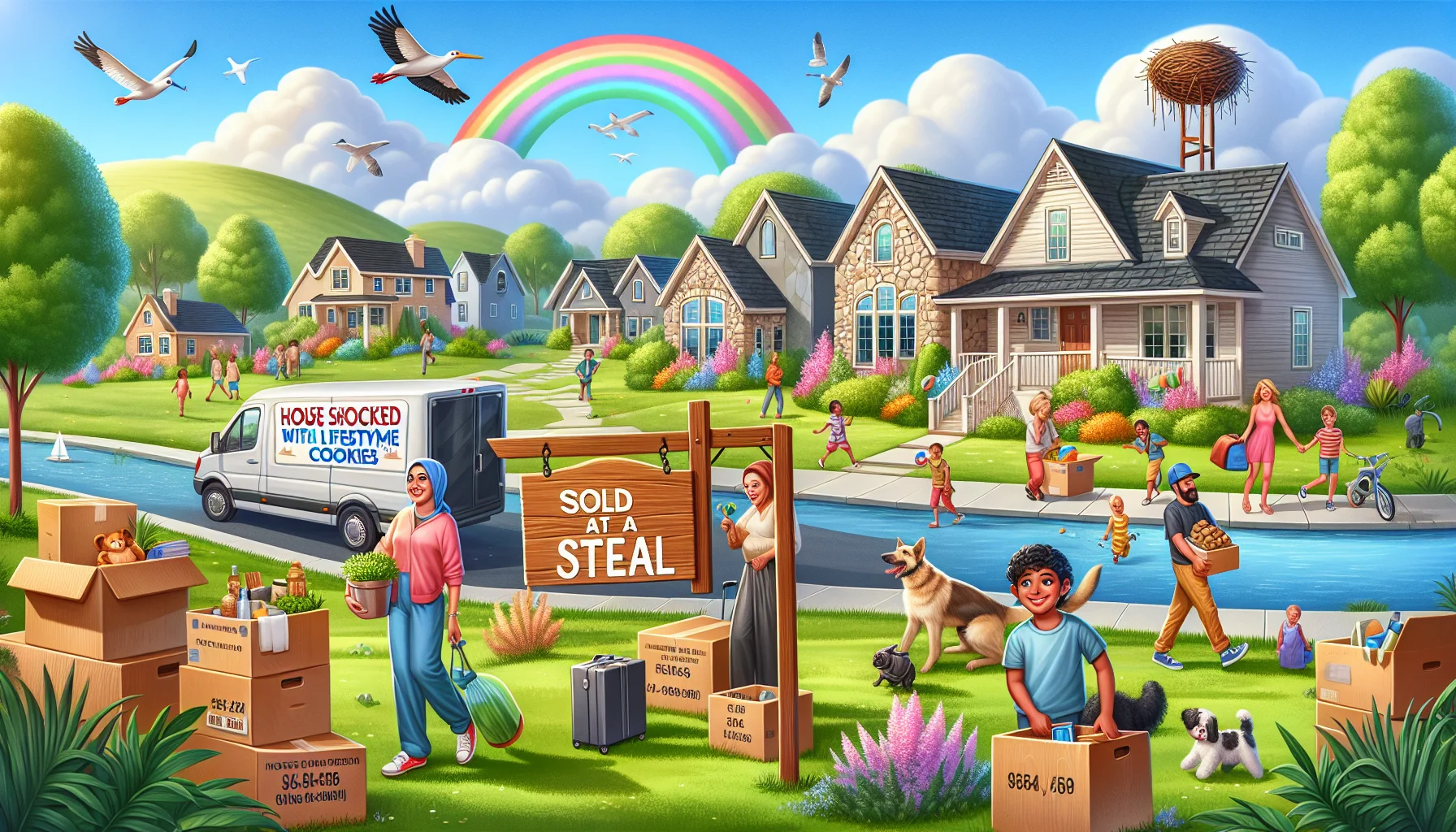 Create an image representing the ideal situation regarding real estate. Show a picturesque neighborhood with well-kept, spacious houses surrounded by luscious greenery and children playing. A wooden sign in the yard of one house reads, 'Sold at a Steal!'. A diverse group of people are moving in - a Middle-Eastern woman carrying a plant, a South Asian man holding a box labelled 'kitchen utensils', a Caucasian boy playing with a dog, and a Black woman holding the house keys and smiling. Additionally, incorporate humorous elements such as a stork's nest on a chimney, painted on the moving van 'House stocked with lifetime cookies supply', and a rainbow covering the sky.