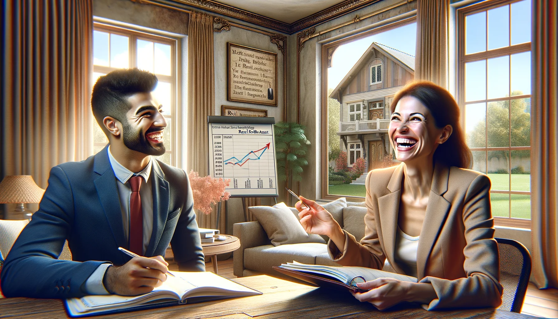 Imagine this: a jubilant, whimsical and insightful scene representing the perfect scenario for selecting a real estate agent. The setting is an elegant, spacious office, filled with natural light coming through large windows. On one side, a female, Hispanic real estate agent with a vibrant smile and an air of professionalism discloses her knowledge about some hypothetical property. She has a planner in her hand showing her organized schedule and success stories. On the other side, a South Asian male client, fascinated by her know-how, is happily taking notes from her. On the wall, there is an analytical chart, depicting the housing market trends. The atmosphere is light-hearted and filled with laughter, emphasizing the friendly yet professional bond between the real estate agent and the client.