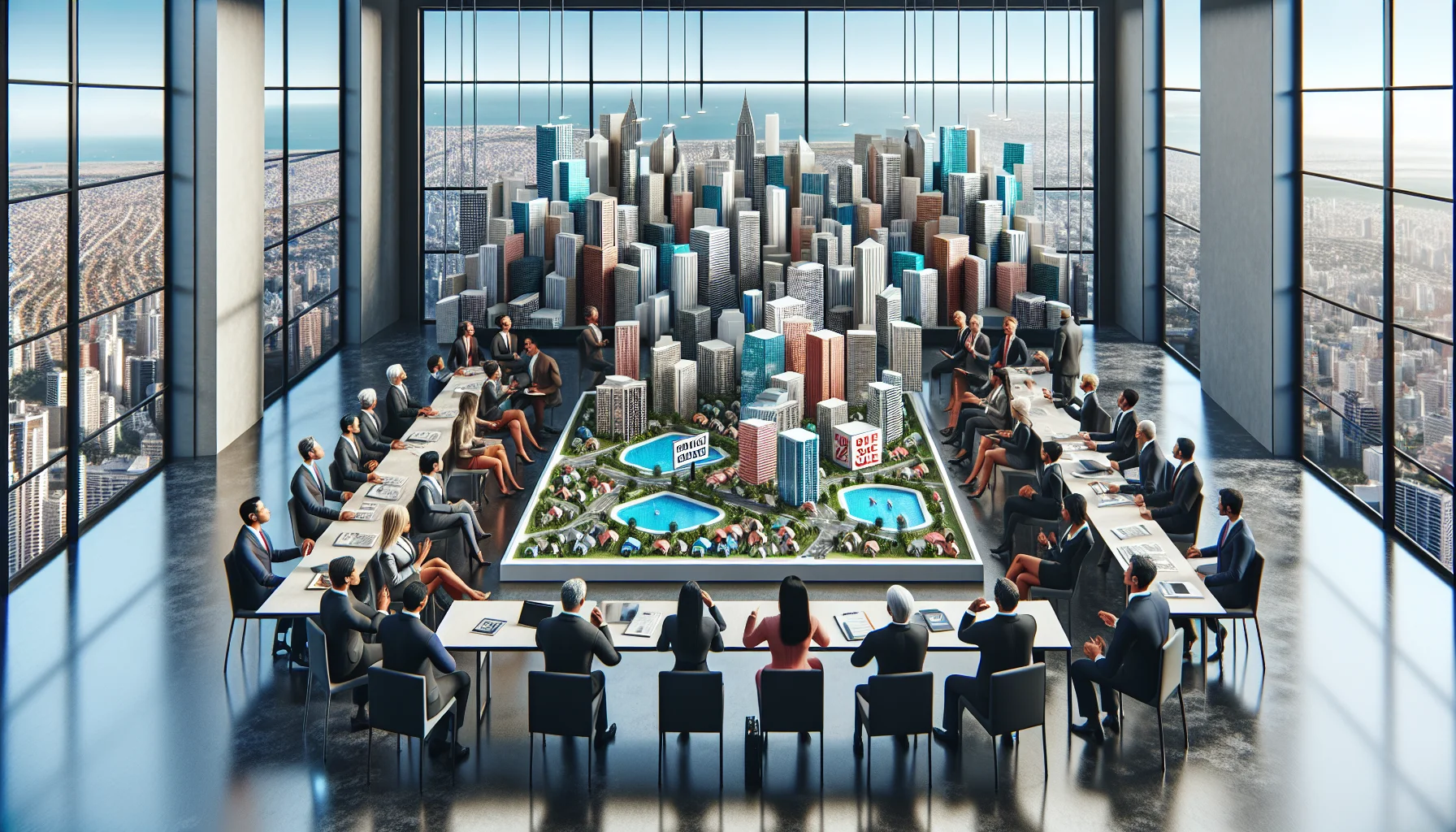 Create a realistic and amusing image of a real estate association meeting. The scene takes place in a sleek, modern conference room filled with a diverse group of professional individuals of various descents such as Caucasian, Hispanic, Black, Middle-Eastern, and South Asian. Both men and women are present, each engaged in energetic conversations. In the center of the room, an oversized three-dimensional map details the hottest properties around the city, complete with tiny for-sale signs and miniaturized recent developments. Occupying the background, huge panoramic windows reveal a bustling cityscape, visually representing their thriving real-estate market.