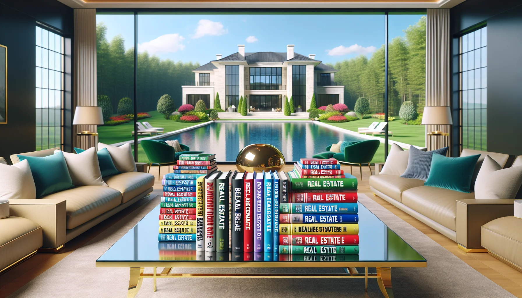 Create a humor-filled, realistic setting that showcases an array of beginner-level real estate books. Nestle these books in a delightful backdrop that portrays the epitome of real estate success. This could be a high-end, modern home interior, brimming with clean lines, plush furniture, expensive artwork, and vast floor-to-ceiling windows revealing a picturesque outside view. Perhaps a luscious green, perfectly manicured lawn and sprawling estate seen in the backdrop, embodying everyone's dream property. In the foreground, a polished glass coffee table presents the bright, colorful covers of the real estate literature spreading a sense of aspiration and excitement for beginners wanting to break into the real estate industry.