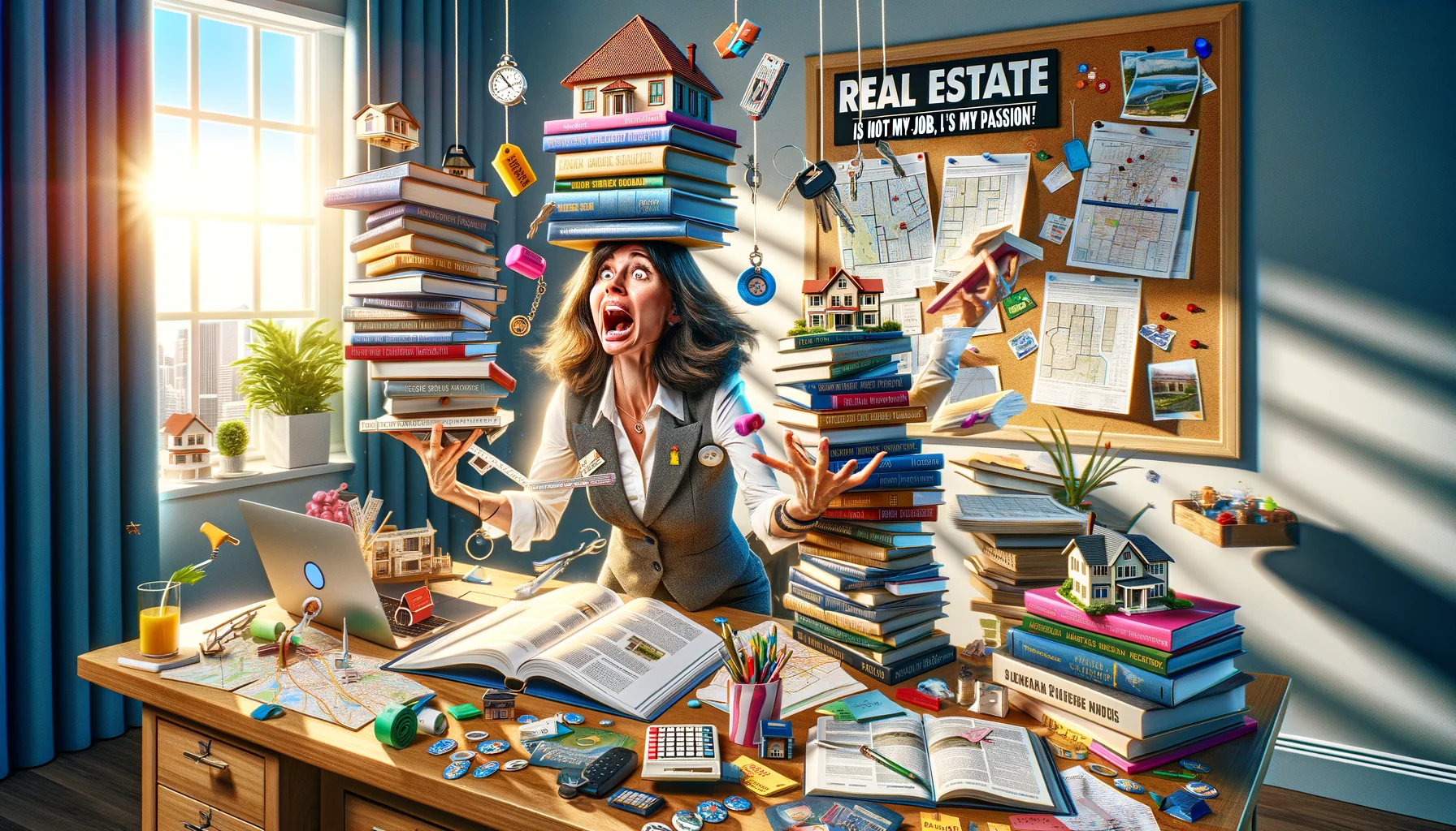 Generate an image of a comical situation revolving around real estate books and resources. Picture a bustling, sun-filled home office setting. An energetic Caucasian woman, a dedicated real estate agent, is engrossed in juggling multiple real estate books, maps, and house models simultaneously. She is attempting to balance a scale model of a house on her head, while her hands are full with a colorful real estate book and a collection of keys. House-related pins and stickers fill the cork board behind her. A cleverly positioned sign reads, 'Real Estate is not just my job, it’s my passion!' in bold lettering in the background, adding a humorous twist.