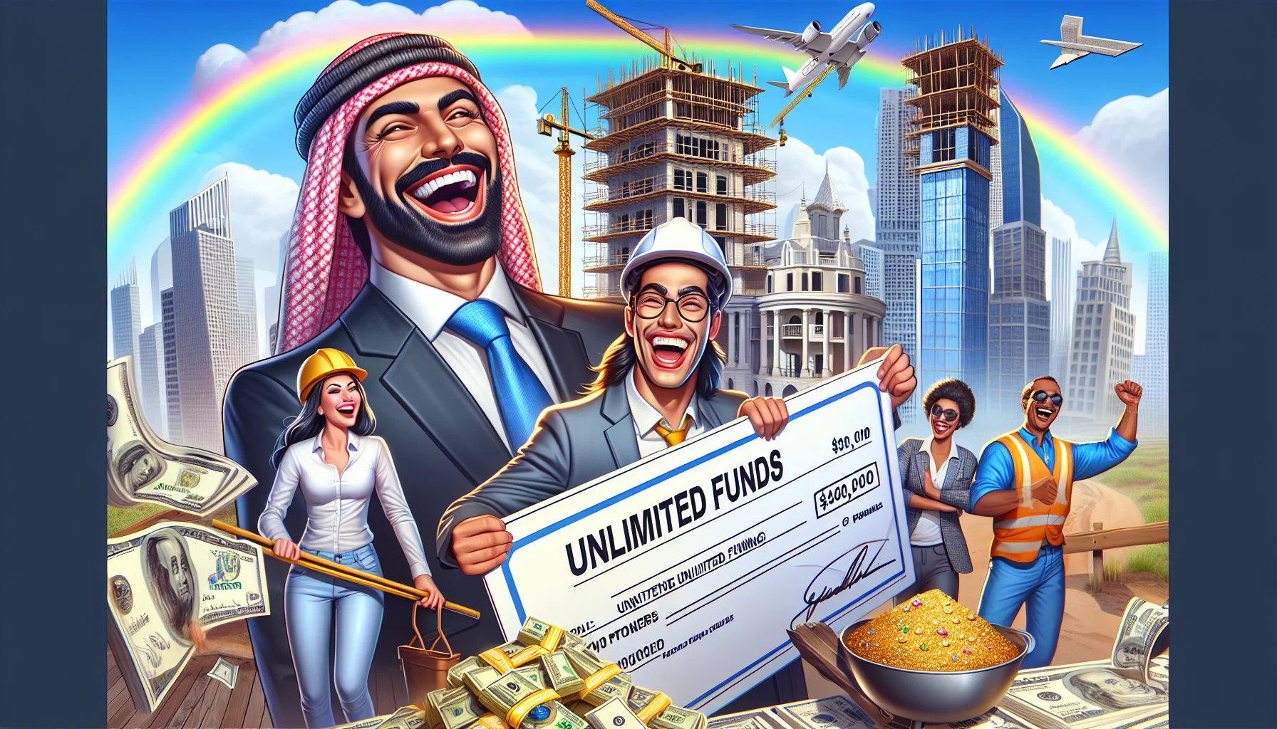 Imagine a perfect world of real estate funding in a comical fashion. Picture a Middle Eastern male banker with a striking grin, holding an oversized cheque in his hands with 'Unlimited Funds' written boldly. Beside him is a jovial Hispanic female architect holding blueprints for an extravagant property, and a South Asian female construction worker wearing a hard hat, laughing while pushing a wheelbarrow full of gold and precious stones as the building materials. In the background, buildings are rising almost instantly on a sunny day with a rainbow across the clear blue sky.