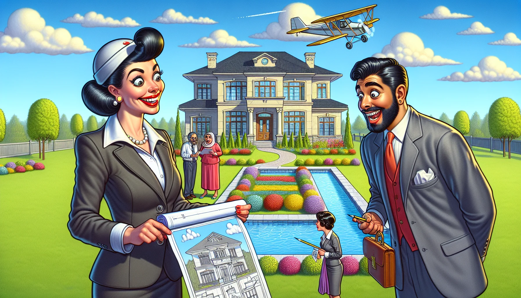 Draw a humorous, yet realistic scene of an ideal real estate scenario. Picture a real estate agent in a suit, a Hispanic woman, holding a blueprint of a magnificent mansion on a bright, sunny day. Around her, prospective buyers, a Middle-Eastern man and a Caucasian woman, are delightfully astonished by the marvelous property, including a perfect, emerald green lawn, colourful flower beds, and a sparkling, clean pool. In the sky above, a banner flown by a small pilot plane reads - 'Welcome To Your Dream Home'. Add slight caricature-like exaggerations to the facial expressions and gestures for the humorous aspect.