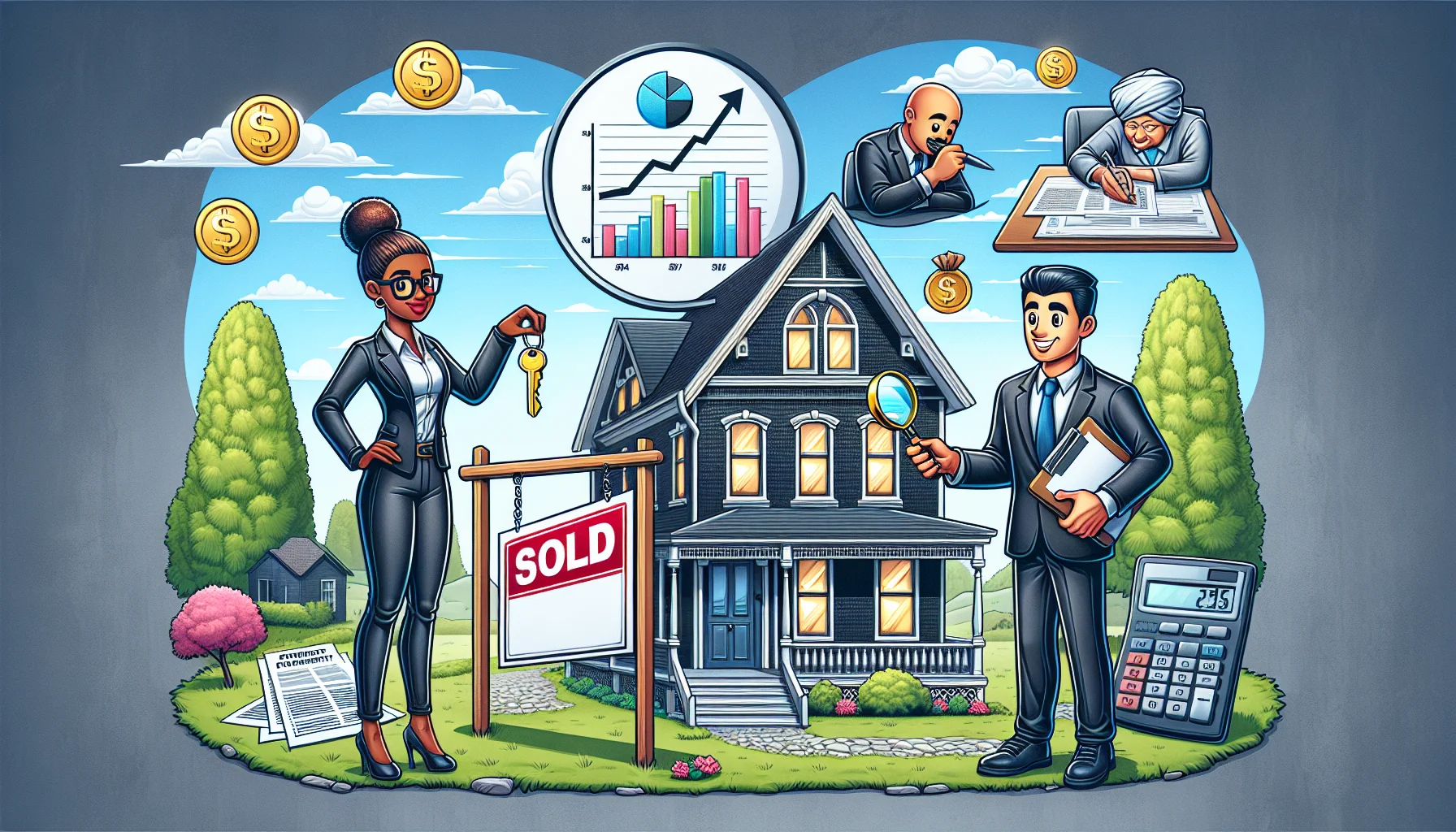 Generate a humorous, detailed, and realistic image which symbolizes the concept of 'Real Estate Investing for dummies'. The scene should depict the ideal scenario in real estate investment. It features a Black female investor wearing professional attire, standing next to a 'Sold' sign in front of a charming Victorian-style home. She is holding a magnifying glass over a property blueprint, while a Middle-Eastern male broker hands over the keys with a satisfied smile. Surrounding the scene are essential elements of a perfect real estate deal: a growth chart showing the property value increasing, and a calculator displaying a satisfying return on investment.