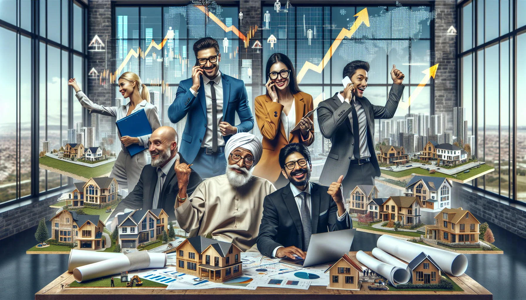Imagine an idyllic and humorous yet plausible scenario in the realm of real estate investing. Picture a diverse team of successful real estate investors: a Caucasian woman with spectacles pouring over blueprints and market data, a younger Middle-Eastern male confidently handling a phone call with clients, a Hispanic man in a smart suit sealing a deal, and an elderly South Asian woman celebrating previous successful transactions. They are in an office filled with models of properties and real-estate banners. Close by are images of perfect houses and rising stock market graphs. This image radiates the essence of success, collaboration, and impeccable service in real estate investment.