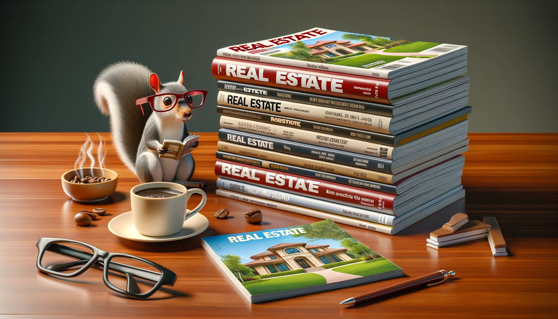 Create a humorous, photorealistic image that showcases various real estate journals and publications in an ideal setting. Depict a stack of real estate magazines neatly arranged on a polished mahogany table. Next to the stack, a hot cup of coffee and a pair of glasses suggest someone's in the midst of reading. The picture on the top magazine shows a beautiful, luxurious estate with a lush, green lawn. There's also a small snickering squirrel on the table, wearing miniature glasses and 'reading' a small mock-up of one of the real estate magazines, adding a cute and funny touch to the scene.