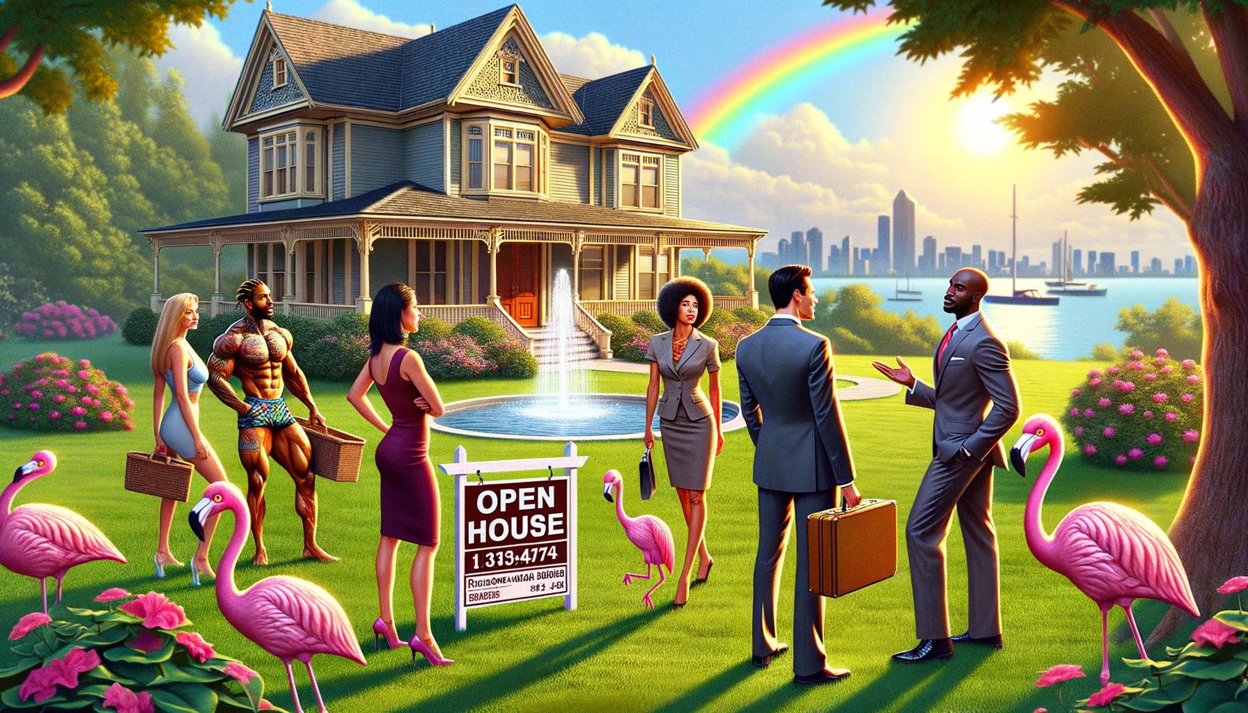 Generate a humorous image depicting a typical scene from a Real Estate Listings Digest. Think of the most idyllic scenario you could imagine such as, a sunlit yard of a Victorian house with an 'Open House' sign out front, perfectly manicured lawns, a sparkling fountain in the center, and a rainbow in the distance. A high-energy real estate agent is stylishly dressed, showing off the house to a group of diverse potential buyers: an intrigued Hispanic woman, an interested Middle-Eastern man, a curious Black woman, and a Caucasian man keenly observing the property. The unique element: a flock of flamingos in the front yard, marching in 'Open House' formation for an extra dash of humor!
