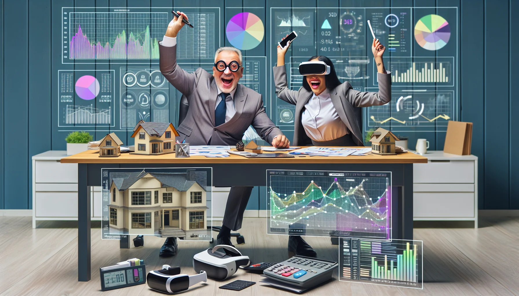 Imagine a humorous real estate market analysis scene. Visualize a pristine, ideally organized office filled with up-to-date technology. On a large desk, an array of different tools are scattered: color-coded graphs representing current market trends, interactive 3D models of houses, augmented reality goggles for virtual property tours, and advanced calculators for complex financial estimations. A middle-aged Caucasian man with glasses and a young Black woman wearing professional attire are seen jubilantly raising their respective tools of trade - a digital pen and a tablet respectively, signifying a successful real estate deal.