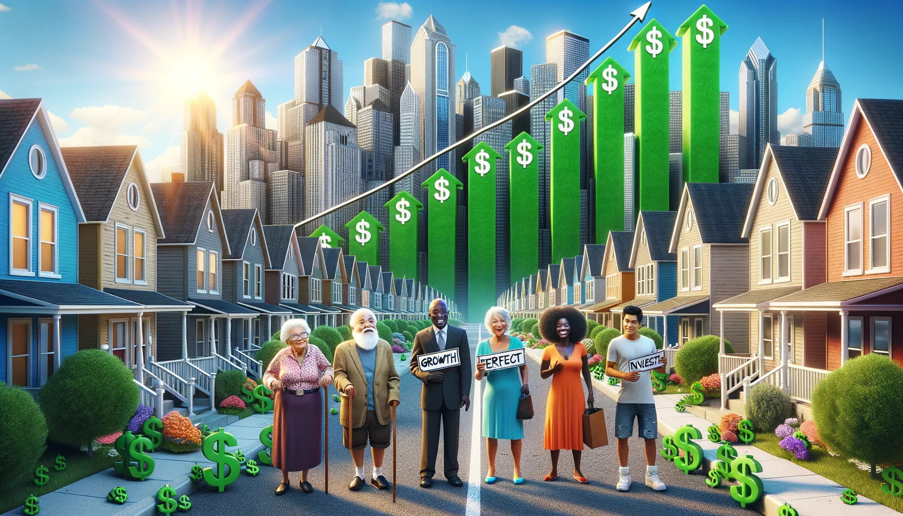 Create a humorous and believable image illustrating a utopian real estate market scenario. Picture a bustling city with skyscrapers adorned by green 'Growth' charts that climb higher than the buildings themselves. On the main street, depict a myriad of potential buyers - an Black elderly woman, a Hispanic middle-aged man, a South Asian young woman, a Middle Eastern teenage boy - each holding a sign, 'Perfect Investment'. In the background, a sea of houses, all charmingly desirable, with price tags that depict only slight fluctuations. The sun shines brightly, casting the shadows of dollar symbols on the pavement.