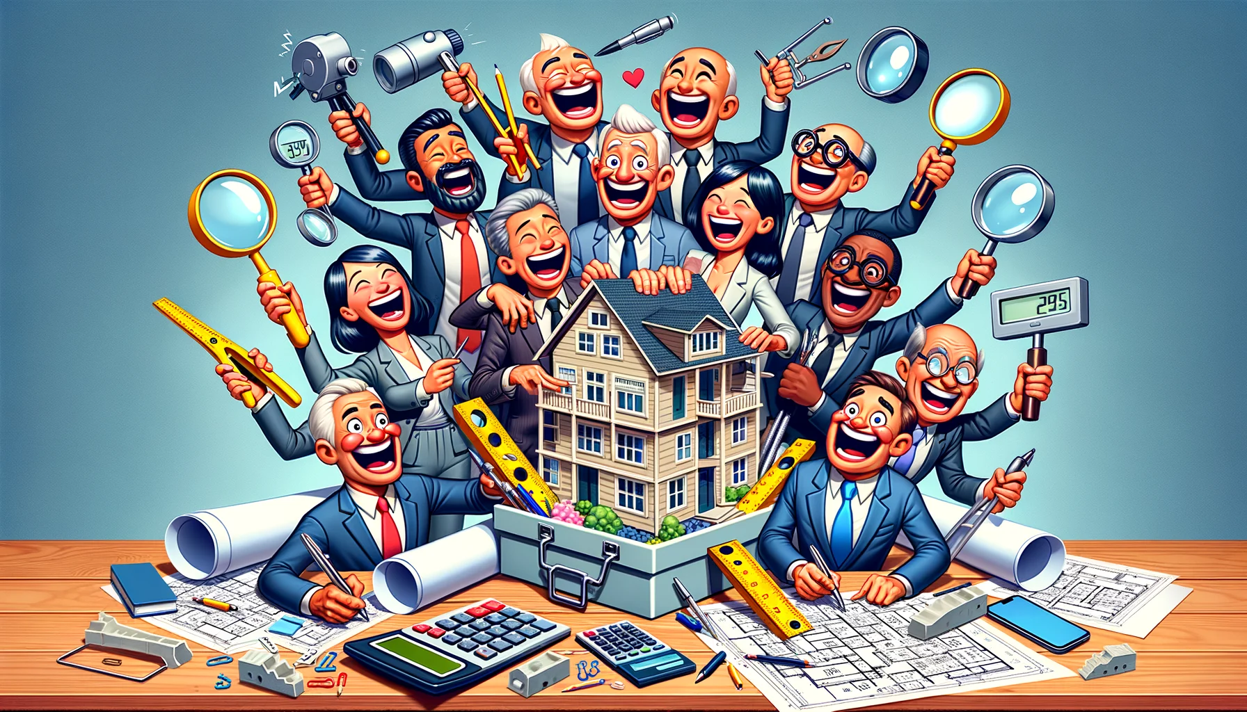 Imagine an amusing and lifelike scene showcasing real estate tools and calculators. In this perfect scenario, real estate agents of diverse descents like Asian, Hispanic and African-American are laughing and having a friendly competition. They're using large oversized calculators, magnifying glasses, and blueprints. These tools morph into fun, cartoon-like figures that are poking their heads out of a toolbox, smiling, and chucking houses and buildings at each other, all while some agents scribble mind-boggling formulas on a nearby whiteboard. There's a sense of enjoyment and light-heartedness in air.