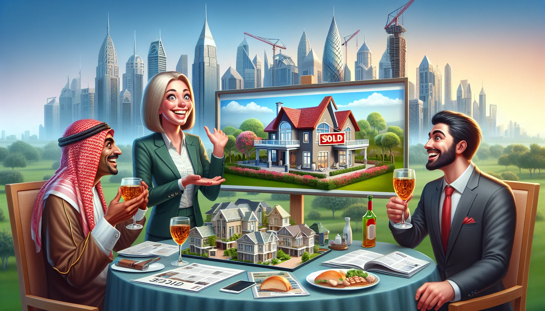 An ideal and humorous scene of real estate trading. The scene shows a Caucasian female agent with a big, warm smile, presenting a miniature model of a beautifully designed big house with a red roof and green garden to a pleasantly surprised Middle Eastern male client. Nearby, a large billboard displays the words 'SOLD'. In the background, there's a bustling cityscape with skyscrapers, creating a contrasting scenery. Seated at a table nearby, a South Asian male and a Black female are cheerfully raising their glasses in celebration of their newly bought city apartment shown in a brochure on their table.