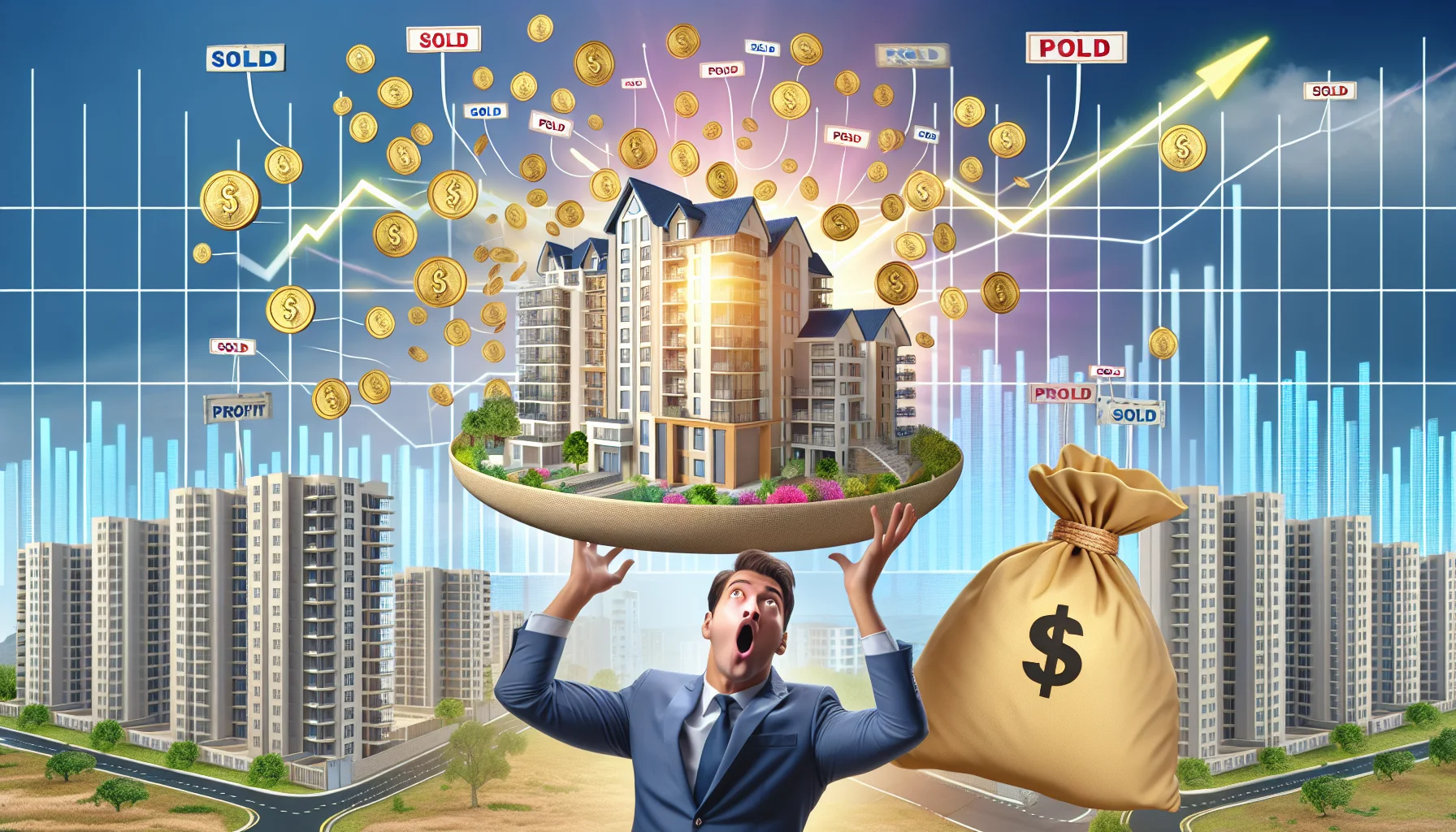 Create a humorous image showing a scenario of ideal real estate investment. It could be a person, both ecstatic and surprised, holding an intricate scale model of a beautiful, modern multi-storied residential building in one hand, and a bag, overflowing with gold coins marked 'profit,' in the other. The background is a sunny skyline with more buildings like the one in the scale model, all sold signboards, and a graph showing skyrocketing property values. Remember to make it as realistic as possible while still communicating the dream-like quality of the scenario.