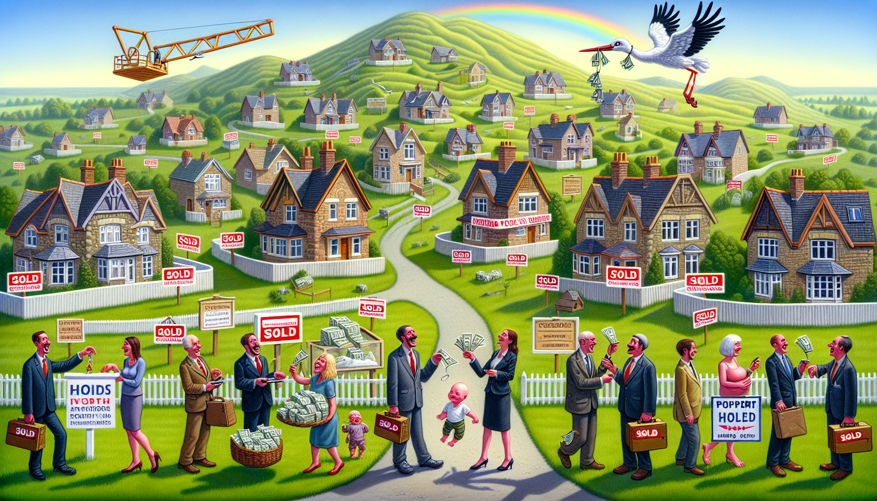 Imagine a humorous tableau of perfect real-estate investment opportunities. An idyllic, picturesque small town at the base of verdant hills. Every quaint house displaying 'Sold' signs, realtors with broad smiles, handing keys to happy home buyers of diverse descents and genders. A ticker on a billboard displaying skyrocketing property values. Above, a clear sky with a rainbow, and a stork carrying a bundle of cash instead of a baby, symbolizing unexpected financial gains. In the distance, brand new buildings under construction, capturing more interest on the horizon.