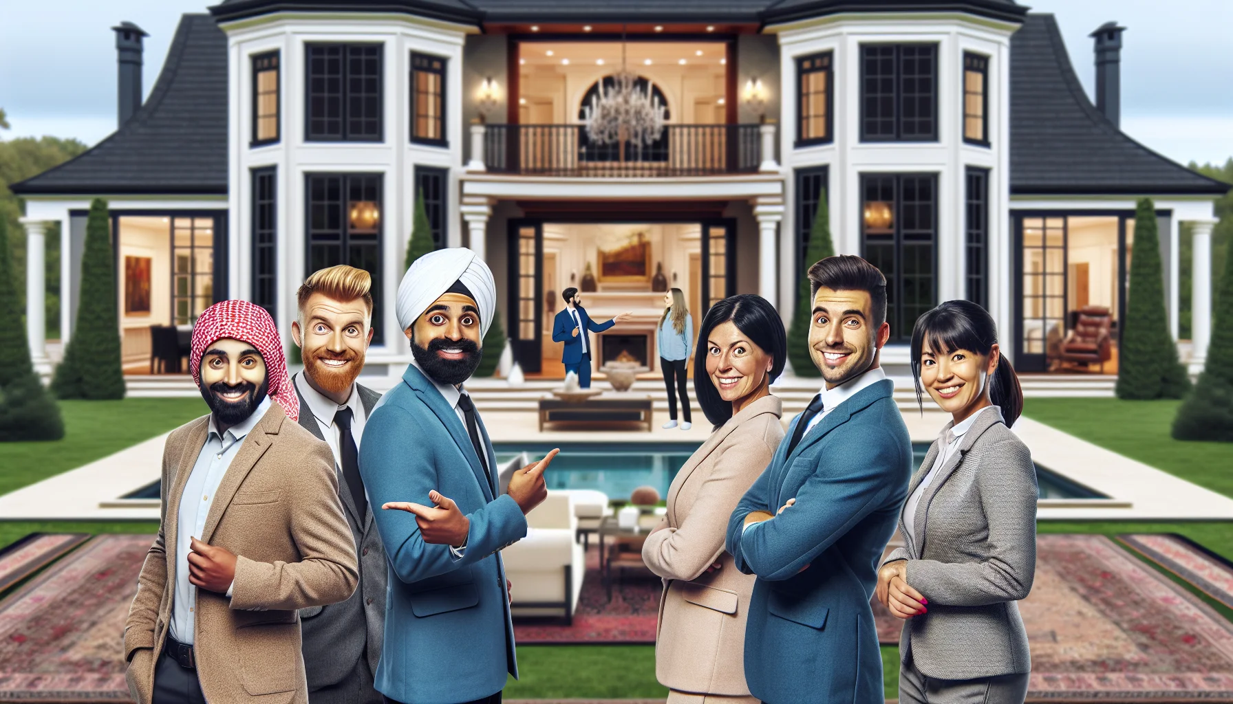 Design a humorous and realistic image that displays a group of real estate agents participating in an ideal real estate scenario. Picture them in an open house environment with a luxurious, flawlessly staged home behind them. This group of agents should be diverse - including a Middle Eastern woman, a Caucasian man, a South Asian man, and a Black woman. They are all smiling and pointing out the refined architectural features of the property, while potential buyers from various ethnic backgrounds browse the pristine rooms and admirable landscape.