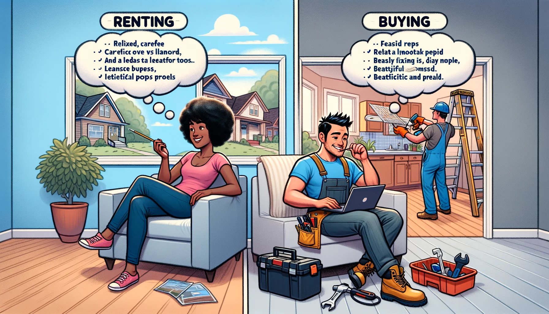 Create a humorous, realistic approach to the age-old debate: renting vs. buying. Display two side-by-side scenes for comparison. On the left, show a relaxed, carefree renter, a black woman in her 20s, sitting on a couch, casually using her laptop, with a landlord fixing a leaky ceiling. On the right, show a focused home-buyer, an Asian man in his 30s, with a tool belt, tackling a DIY project in his beautiful living room with satisfaction and pride. Embed friendly thought bubbles over each that list the idealistic pros of their situation.