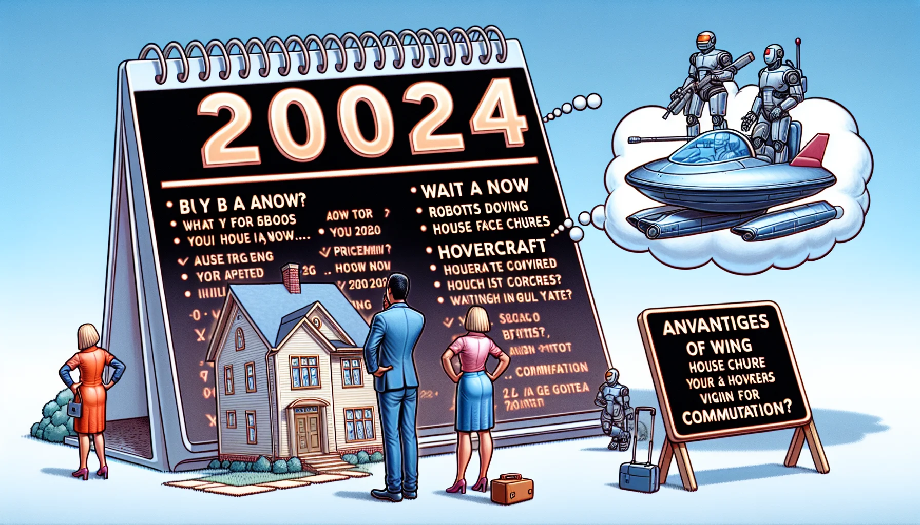 Depict a humorous, realistic situation where a person is contemplating whether to buy a house now or wait until 2024. Show a gigantic calendar with '2024' marked prominently. To one side, show a house with a price tag, signifying the real estate market. On the other side, indicate a potential futuristic scenario that might occur in 2024 such as robots doing house chores, hovercraft for commutation, indicating advantages of waiting. Ensure all elements are presented in a cartoonish, lighthearted style to maintain the humorous tone.