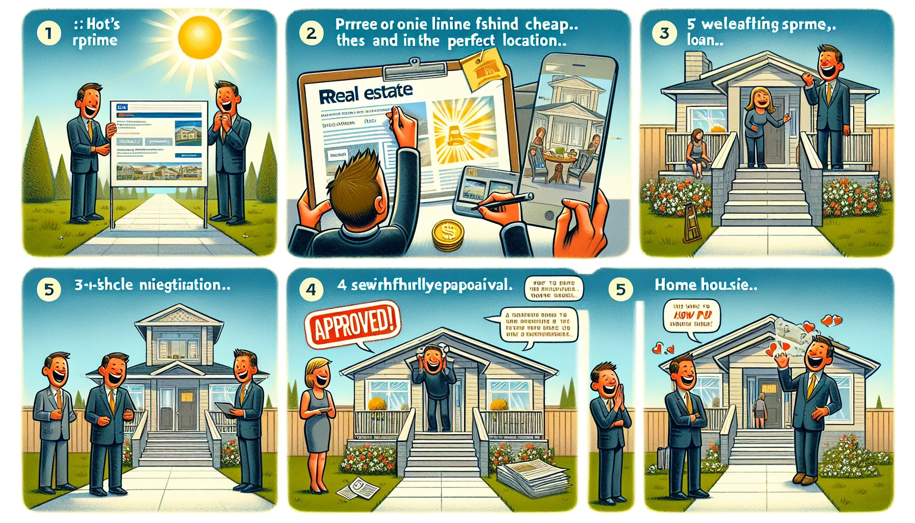 An amusing, realistic visual guide illustrating the steps to purchase a home under a dream real estate scenario. Step 1: An ecstatic individual finding the perfect online listing, it's cheap and in the perfect location. Step 2: A sunny day at the open house, guests are awestruck by the well-kept premises and quaint decor. Step 3: A swift pre-approval of a home loan displayed via a bright, highlighted 'approved' stamp on paperwork. Step 4: A seamless negotiation process where the seller willingly decreases the price. Step 5: A visibly satisfied person, keys in hand, standing in front of their newly purchased house.