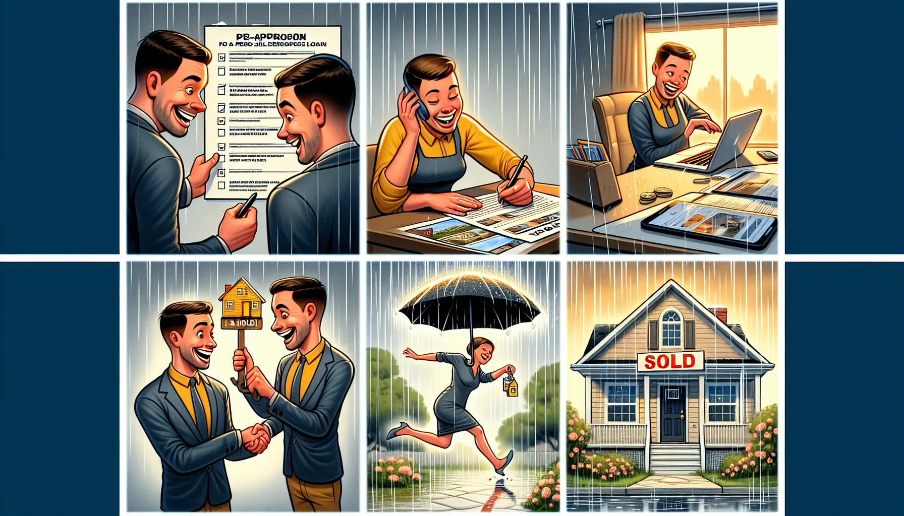 A humorous, realistic image displaying the steps for a first-time home buyer in the best possible real estate situation. Picture one: an eager buyer signing a pre-approval for a house loan with a wide smile. Picture two: the same person looking over a list of potential properties online, a glow on their face. Picture three: them hoisting an umbrella as they briskly walk through the rain to view a charming house. Picture four: a congratulatory handshake with an agent under a 'Sold' sign, joy evident on their faces. Final picture: the same person, keys in hand, gleefully stepping into their new home.