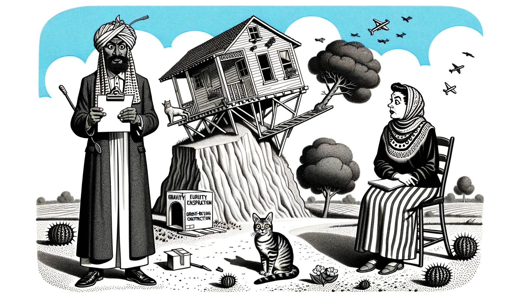 Create a comic-style representation of a humorous home inspection event. Picture this; a Middle-Eastern male inspector is checking the structure of a crooked house built on a hill, with a cat chilling on the inclined roof. Meanwhile, a Latino woman homeowner looks on with an anxious expression, holding a checklist with items such as 'Gravity-defying Construction'. Nearby, a tree grows horizontally instead of upright, to adapt to the steep hill. A mouse, formerly the house inhabitant, looks on from a hole with a raised eyebrow and a moving box beside it.