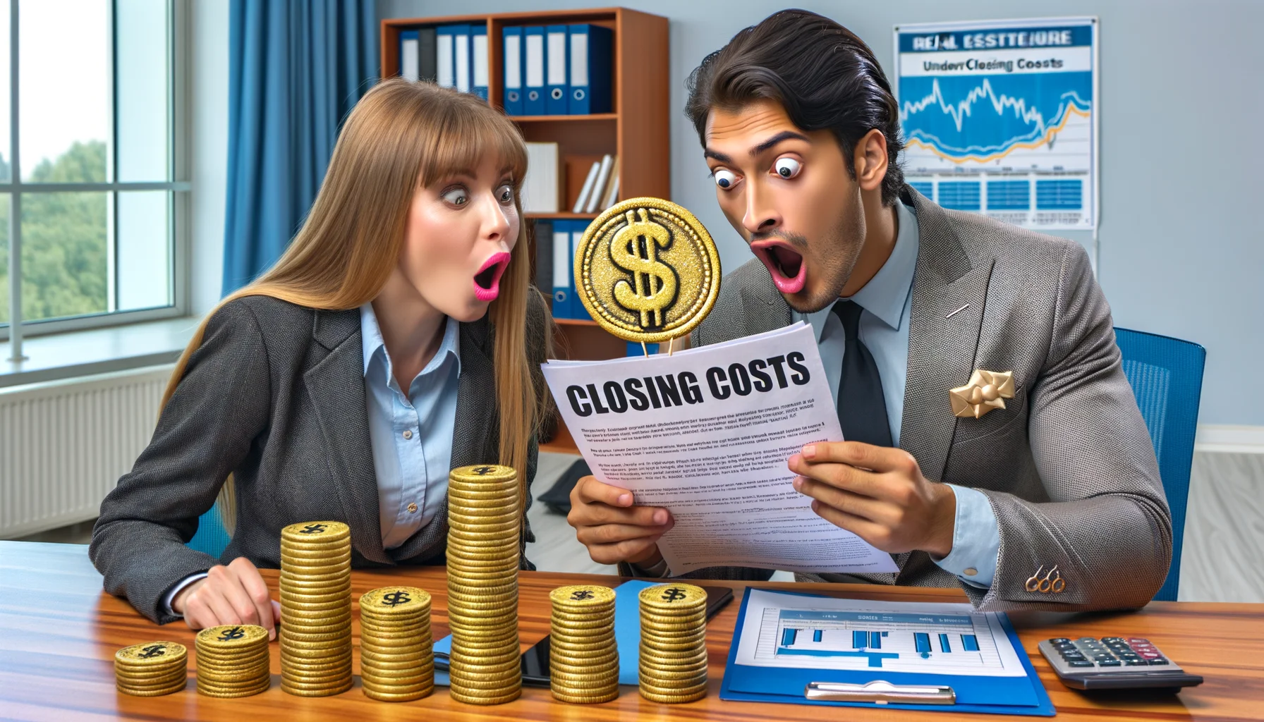 Create a humorous image that showcases the concept of understanding closing costs, focused on a real estate scenario. The image star a South Asian male real estate agent comically explaining the details of closing costs using oversized toy coins and paperwork to a Caucasian female homebuyer. Both of them are in an office with real estate advertisements and charts in the background, their faces are expressing surprise and laughter.